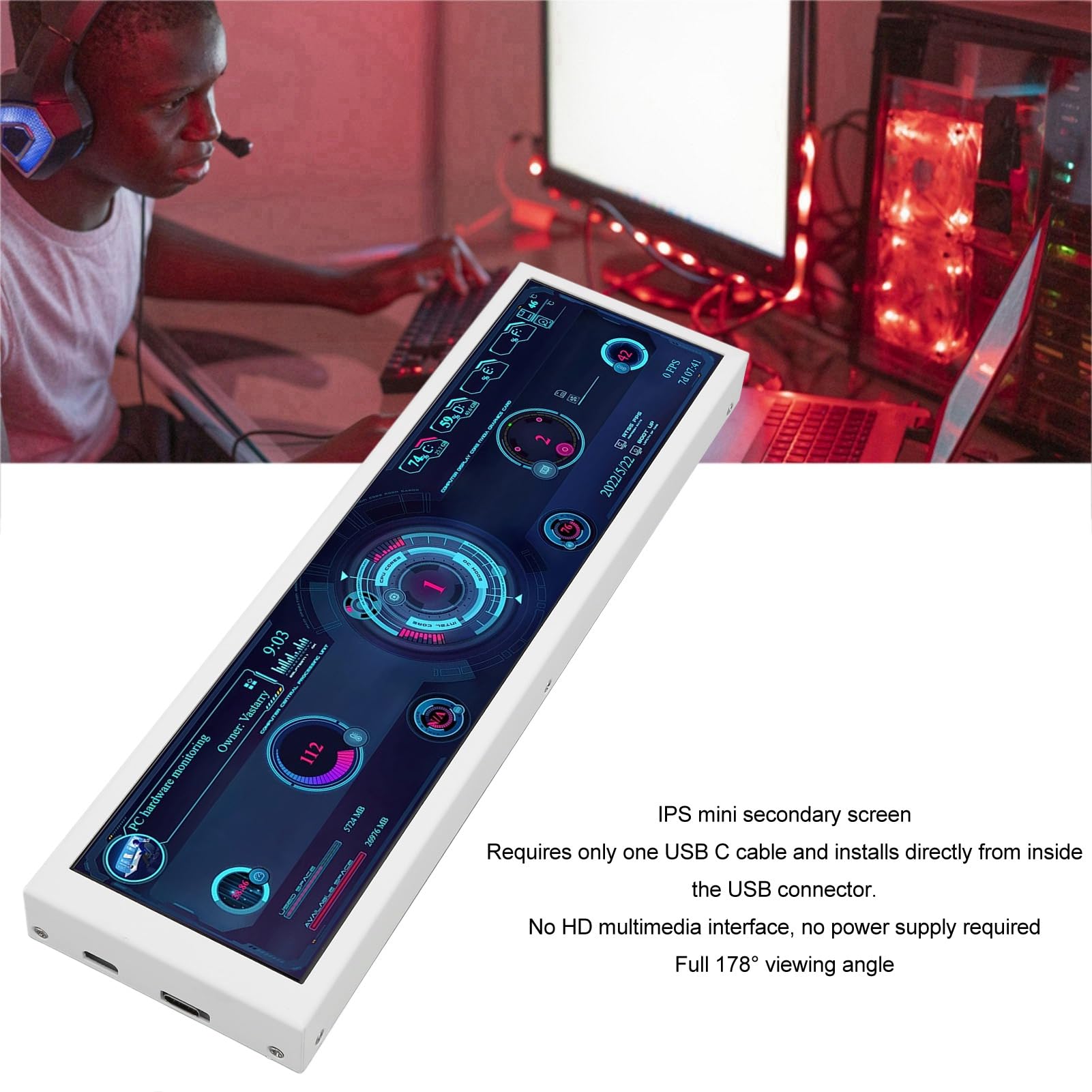 Goshyda 8.8 Inch PC Temperature Monitor with IPS Mini Secondary Screen - 360° Auto Rotation for CPU GPU Monitoring, Aida 64 Support (Touch Screen) - Perfect for Gaming PCs, Workstations, and PC Builders