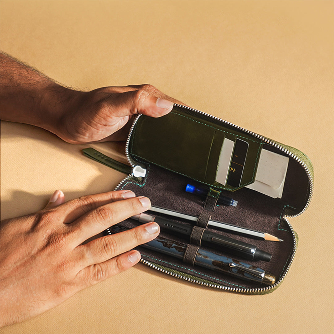 Premium Adjustable Leather 3-Pen Pouch - Green | Endless Companion | Perfect for Office, School & Travel Organization