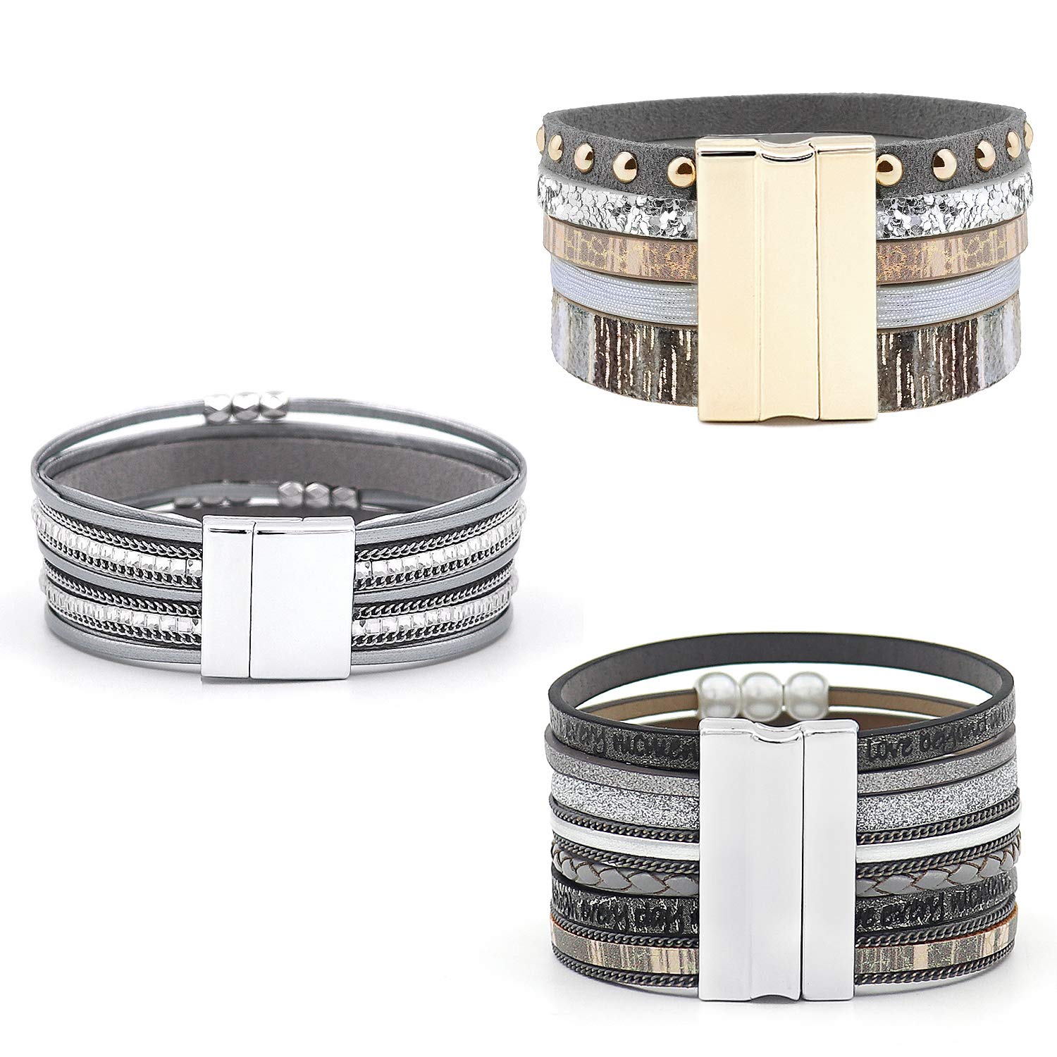 Wowanoo 3-Pack Leather Cuff Bracelet Set for Women - Multilayer Wrap Bracelet with Crystal Feather Tree Design & Magnetic Clasp | Boho Chic Jewelry for Casual Wear, Parties & Gift Giving