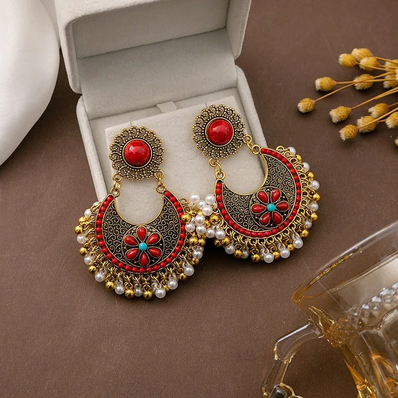 Bohemian Pearl Beaded Tassel Vintage Hoop Earrings for Women - Handmade Dangle Drop Earrings for Boho Chic Style (E838) | Perfect for Festivals, Weddings & Everyday Wear
