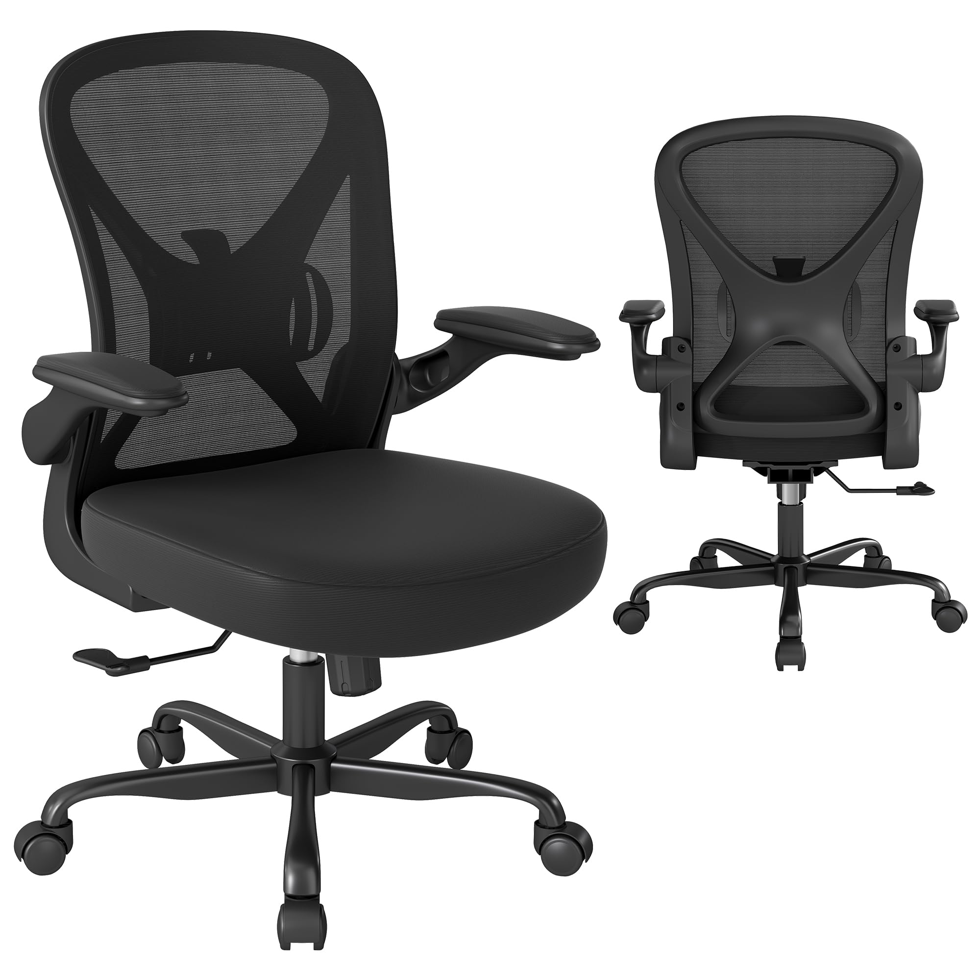 Ergonomic Mesh Office Chair with Adjustable Lumbar Support - Breathable Home Desk Chair with Wheels, Flip-Up Arms & Height Adjustment - Perfect for Home Office, Gaming & Workspace (Black)