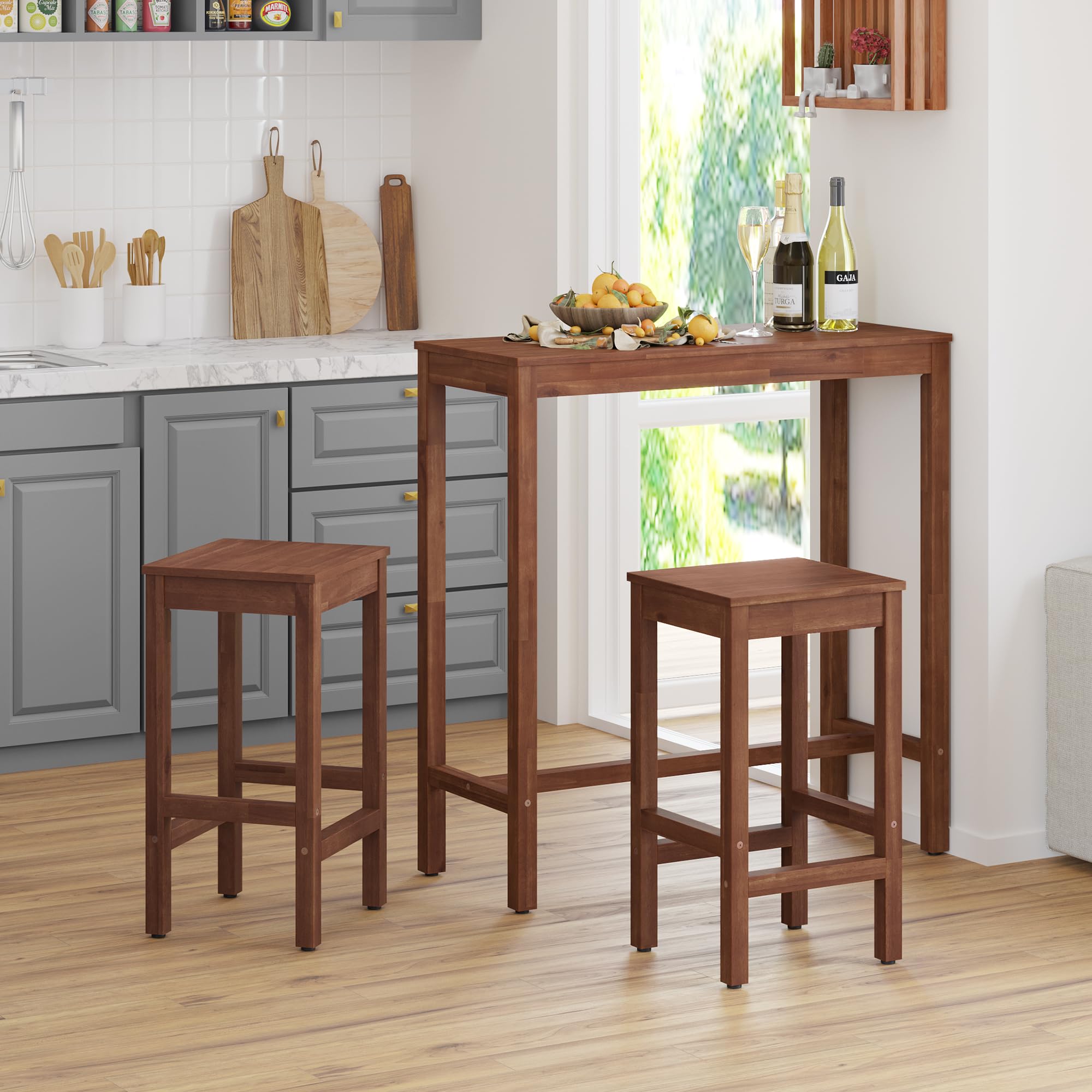38 Inch Acacia Wood Bar Table and 2 Stools Set - Rectangular Counter Height Pub Table for Dining Room, Kitchen & Living Room - Teak Brown Finish - Perfect for Entertaining, Small Spaces & Modern Home Decor
