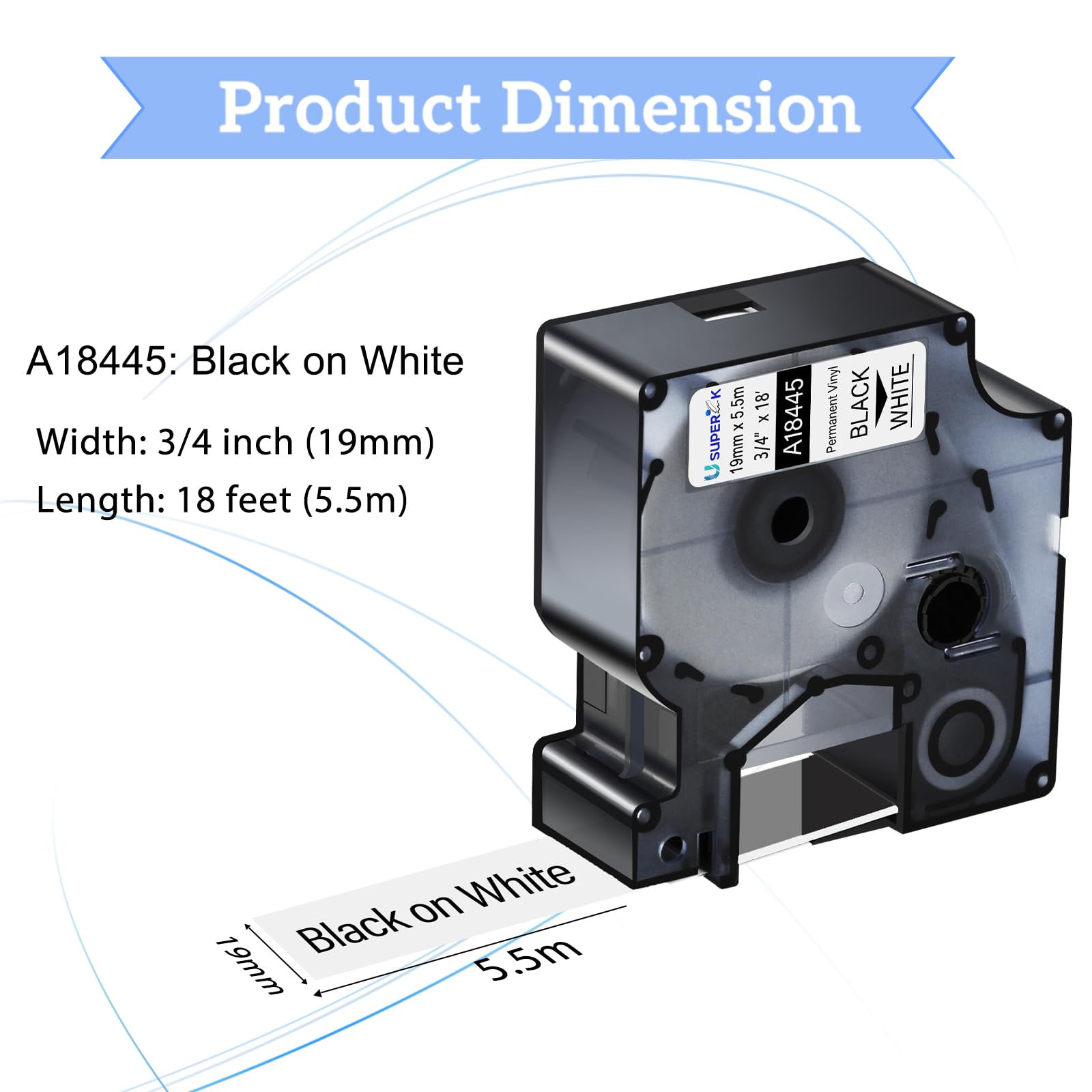 20 Pack Dymo 18445 Compatible Label Tape - Black on White 3/4