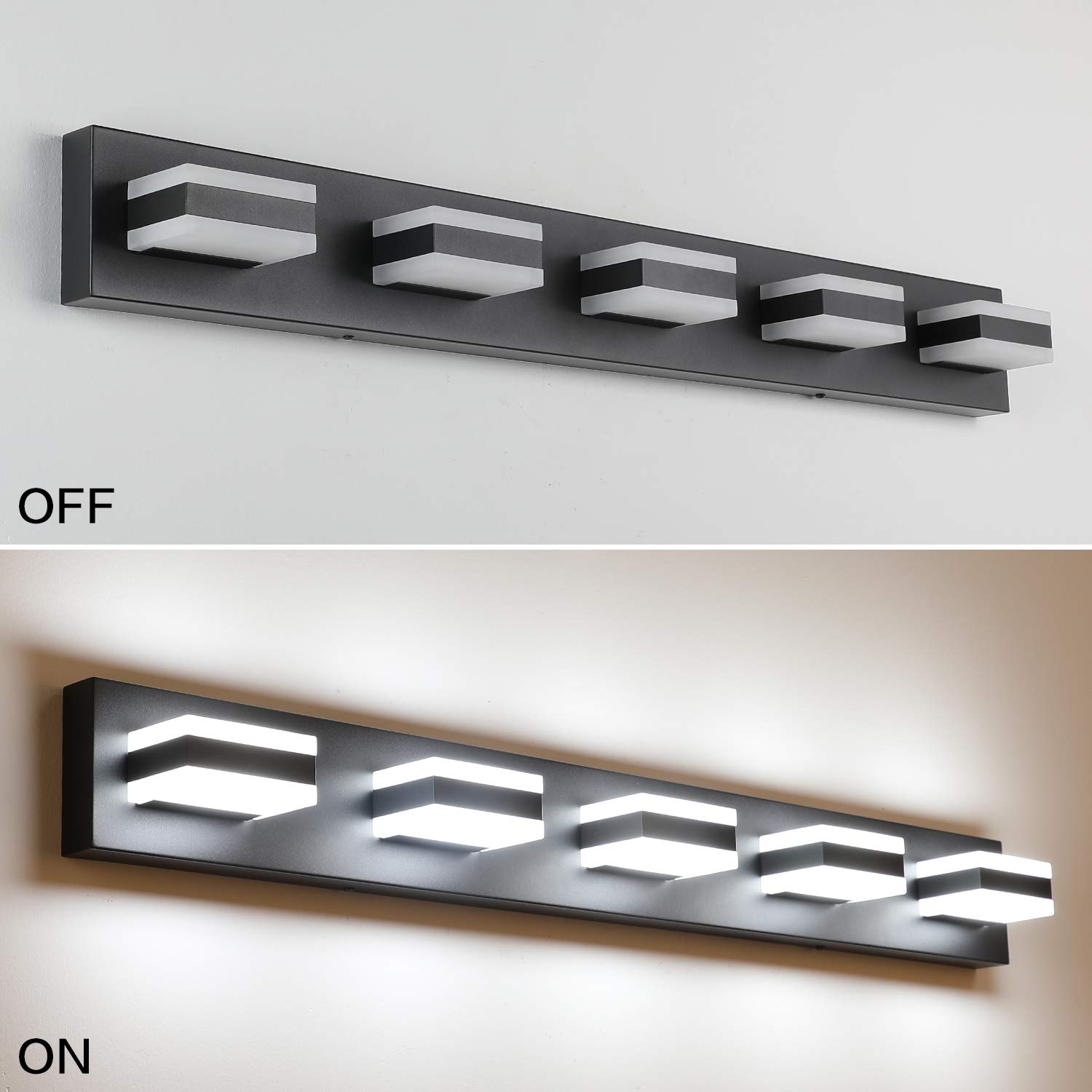 SOLFART Modern Black Bathroom Vanity Lights - Dimmable LED Mirror Lighting for Bathroom Wall, 5-Light Fixture (S8568) - Perfect for Bathroom Makeover, Spa-Like Ambiance, and Contemporary Home Decor