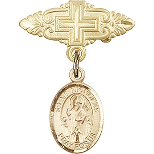 Gold Filled St. Nicholas Baby Badge with Cross Charm - 1 X 3/4 Inch Religious Pin for Christening, Baptism & First Communion Gifts
