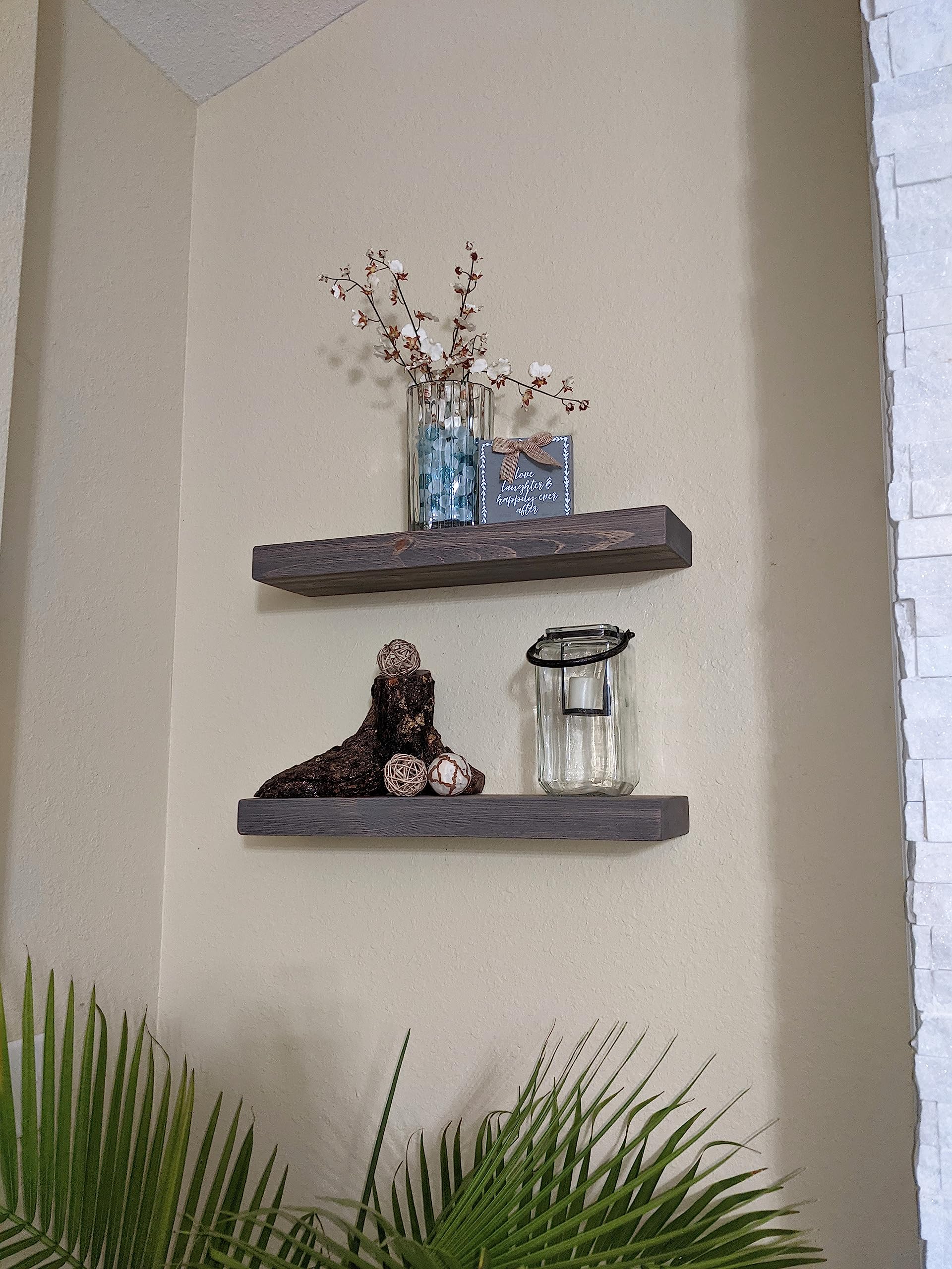 Joel's Antiques | Natural Wood Floating Shelves Set of 2 - 24 Inch Wide Rustic Wall Shelves for Bathroom, Kitchen & Living Room | Heavy Duty Easy Install Bookshelves | Perfect for Home Decor, Storage & Display