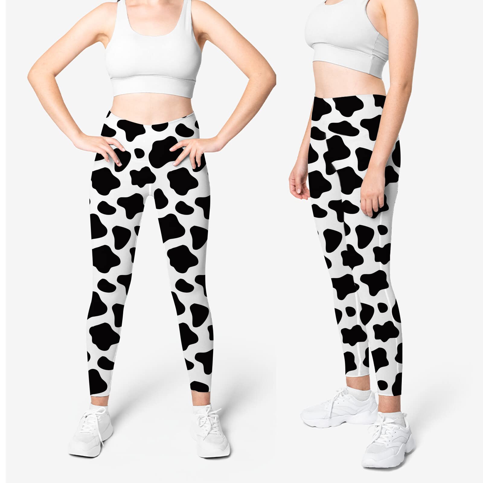 Artsadd Women's High Waisted Yoga Pants - Cow Print Leggings 7/8 Length Capris with Tummy Control | Compression Running Tights for Yoga, Workout & Casual Wear
