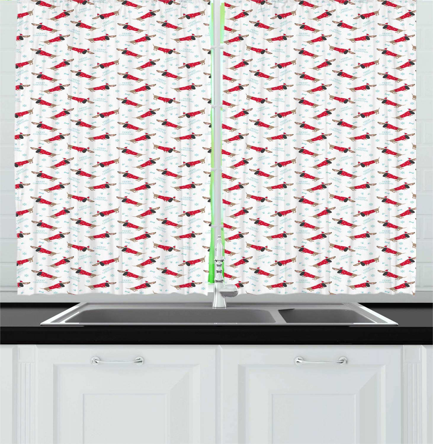 Ambesonne Dachshund Kitchen Curtains - Cute Sausage Dog & Christmas Lettering Window Drapes, 2 Panel Set (55x39 inches) for Kitchen & Cafe Decor in Warm Taupe, Dark Pink, Pale Blue & White - Perfect for Holiday Home Decor & Pet Lover Gifts