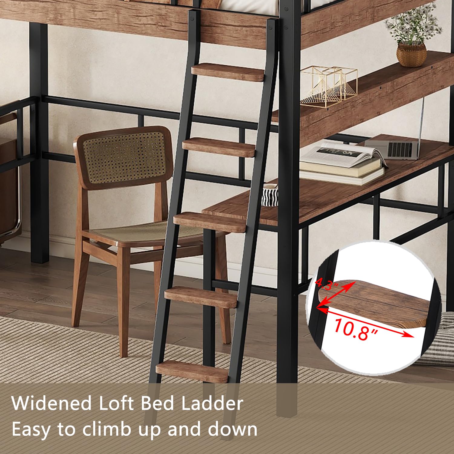Full Size Loft Bed with Desk & Storage Shelf - Sturdy Metal Frame, Built-in Ladder & Safety Guardrail - Space-Saving Black Loft Bed for Kids & Teens - Perfect for Small Bedrooms, Dorms & Studio Apartments