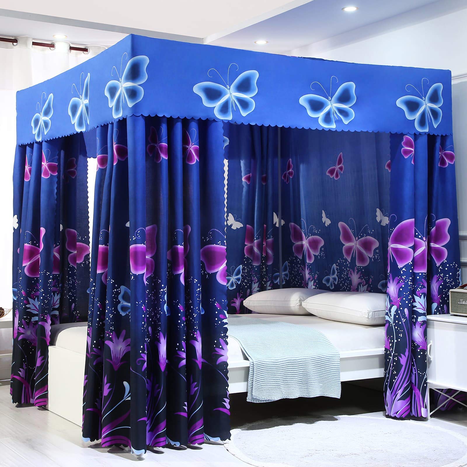 Elegant Mengersi Butterfly Four-Poster Bed Canopy with Mosquito Net - King Size Blue Bed Curtain for Girls, Adults & Kids | Perfect for Bedroom Decor, Princess-Themed Rooms & Outdoor Glamping
