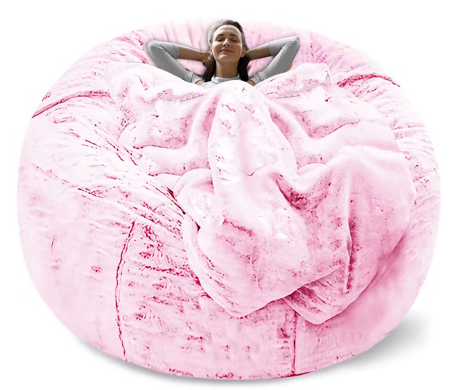 RAINBEAN Bean Bag Chair Cover Only (Not Full Bean Bag) - Big 6ft Round Soft Fluffy PV Velvet Sofa Bed Slipcover - Snow Pink - Perfect for Living Room Furniture, Lazy Sofa & Bed Decor