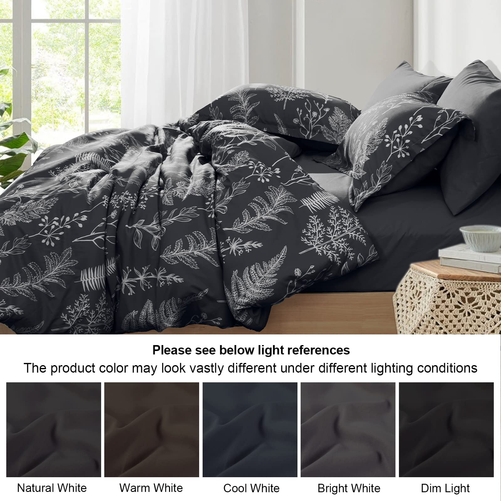 PHF 7-Piece Queen Comforter Set - Ultra Soft Reversible Botanical Bedding | Includes Comforter, Pillow Shams, Flat Sheet, Fitted Sheet & Pillowcases (Black) | Perfect for Master Bedroom, Guest Room & Cozy Home Decor