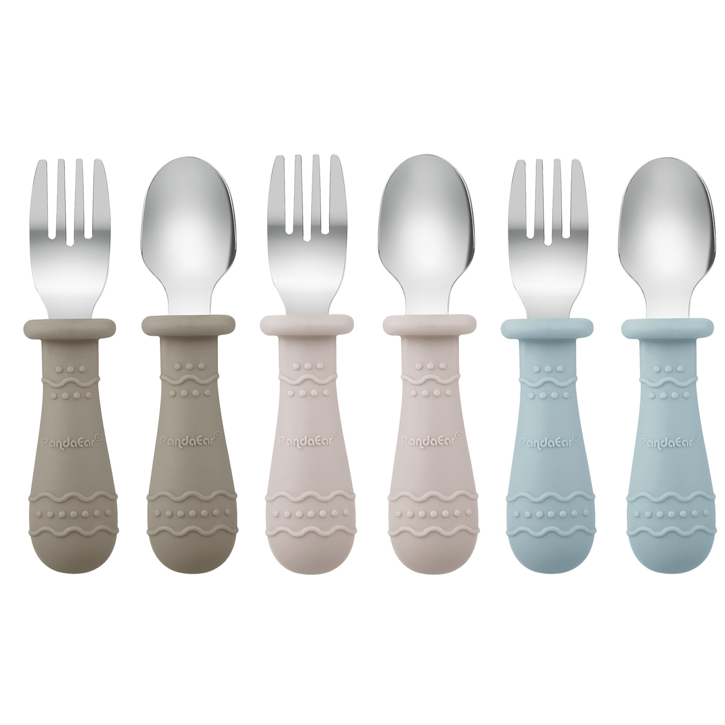 PandaEar Toddler Utensils Set - 6 Pack Kids Spoons and Forks, 18/8 Stainless Steel with Food Grade Silicone Handle, Dishwasher Safe Baby Silverware (Light Tan/Walnut/Blue) - Perfect for Home, Travel, and Daycare Use