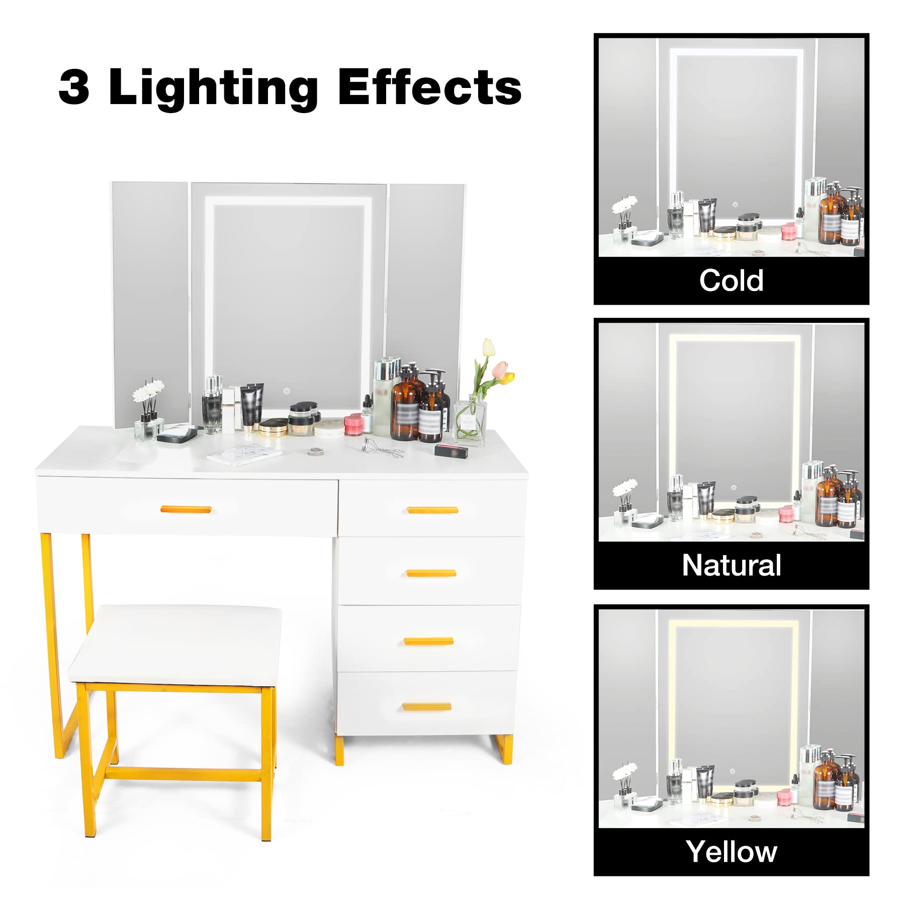 Vanity Desk with Mirror and Lights - Makeup Vanity Set with Cushioned Stool, Storage Shelves & 5 Drawers for Bedroom (White) | Perfect for Dressing Room, Beauty Salon & Home Decor
