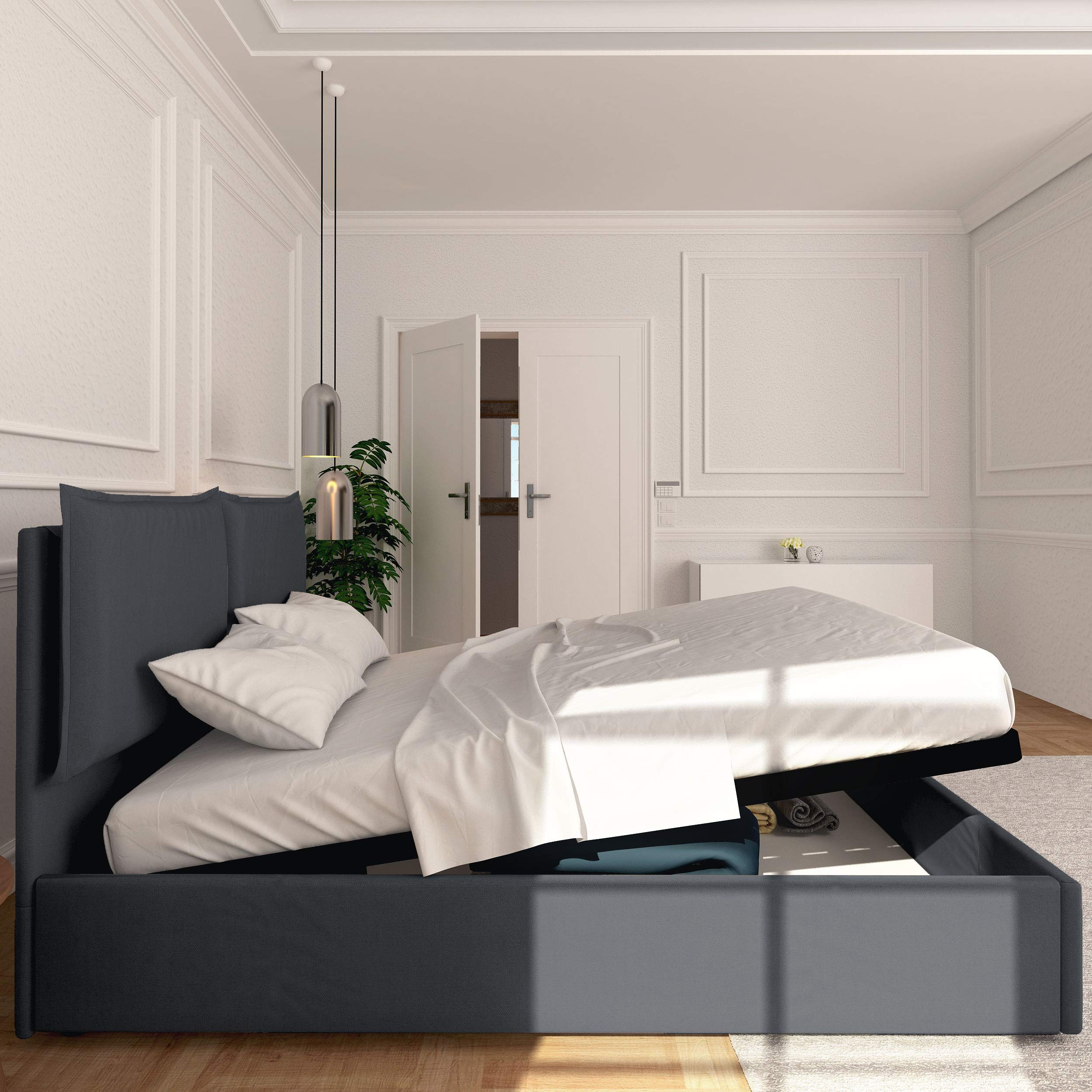 Baldiflex Licia Queen Size Bed Frame with Upholstered Headboard, Synthetic Leather, Slatted Base, Storage Drawer, 140x200cm, Gray - Perfect for Modern Bedrooms & Guest Rooms