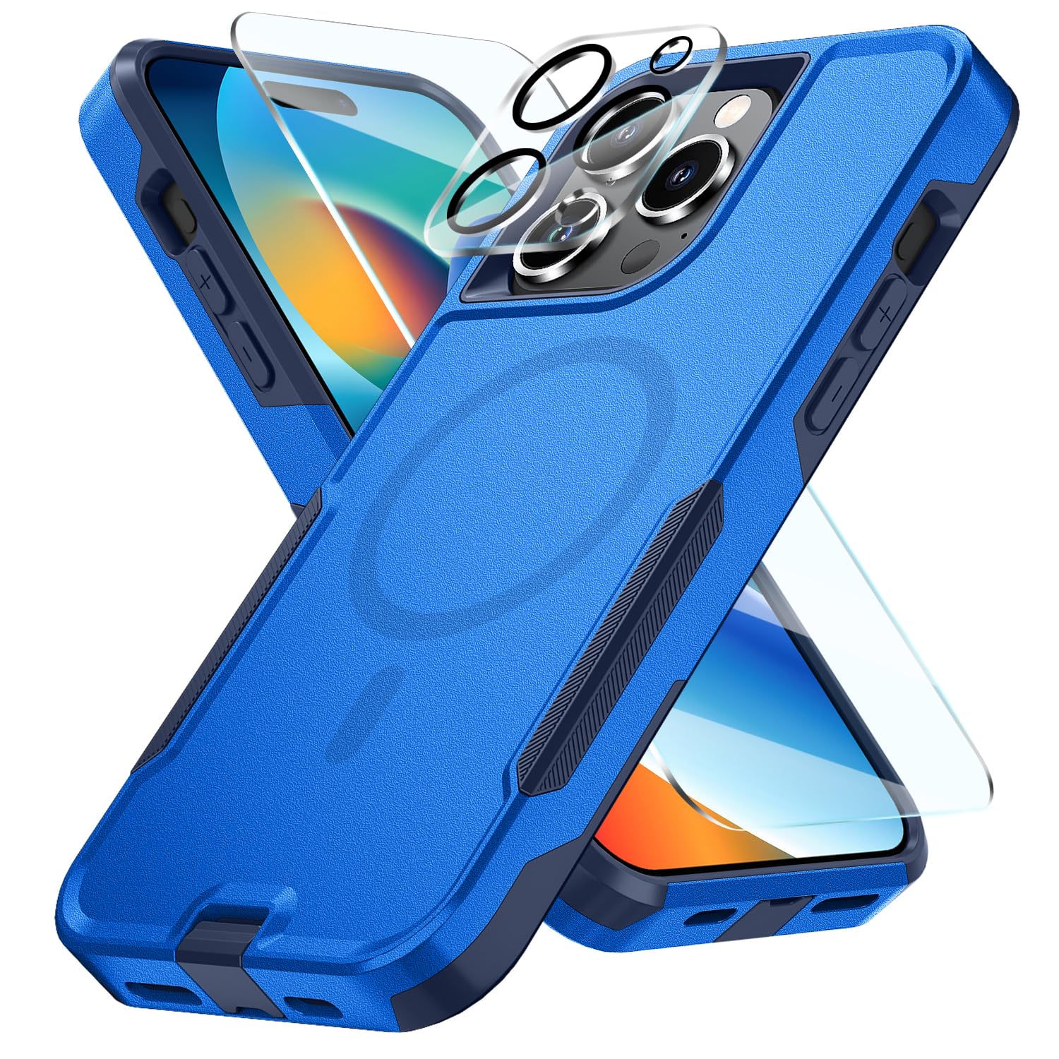 **Magnetic iPhone 15 Pro Max Case with Camera Lens Protector & Tempered Glass Screen Protector – Heavy Duty, MagSafe Compatible, 6.7