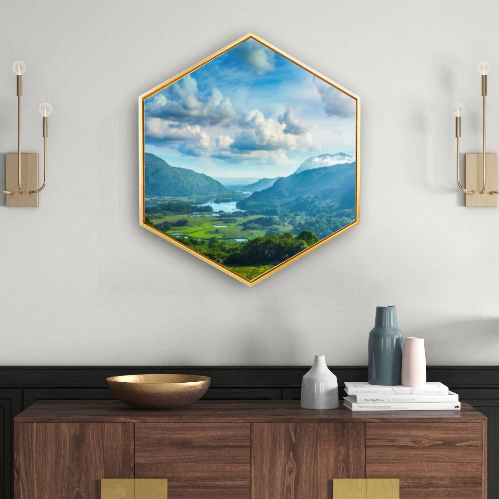 Golden Framed Canvas Wall Art - Lakes of Killarney Ireland Landscape Giclee Print, Modern Hexagon Minimalist Decor for Living Room, Bedroom & Office - Ready to Hang Home Décor