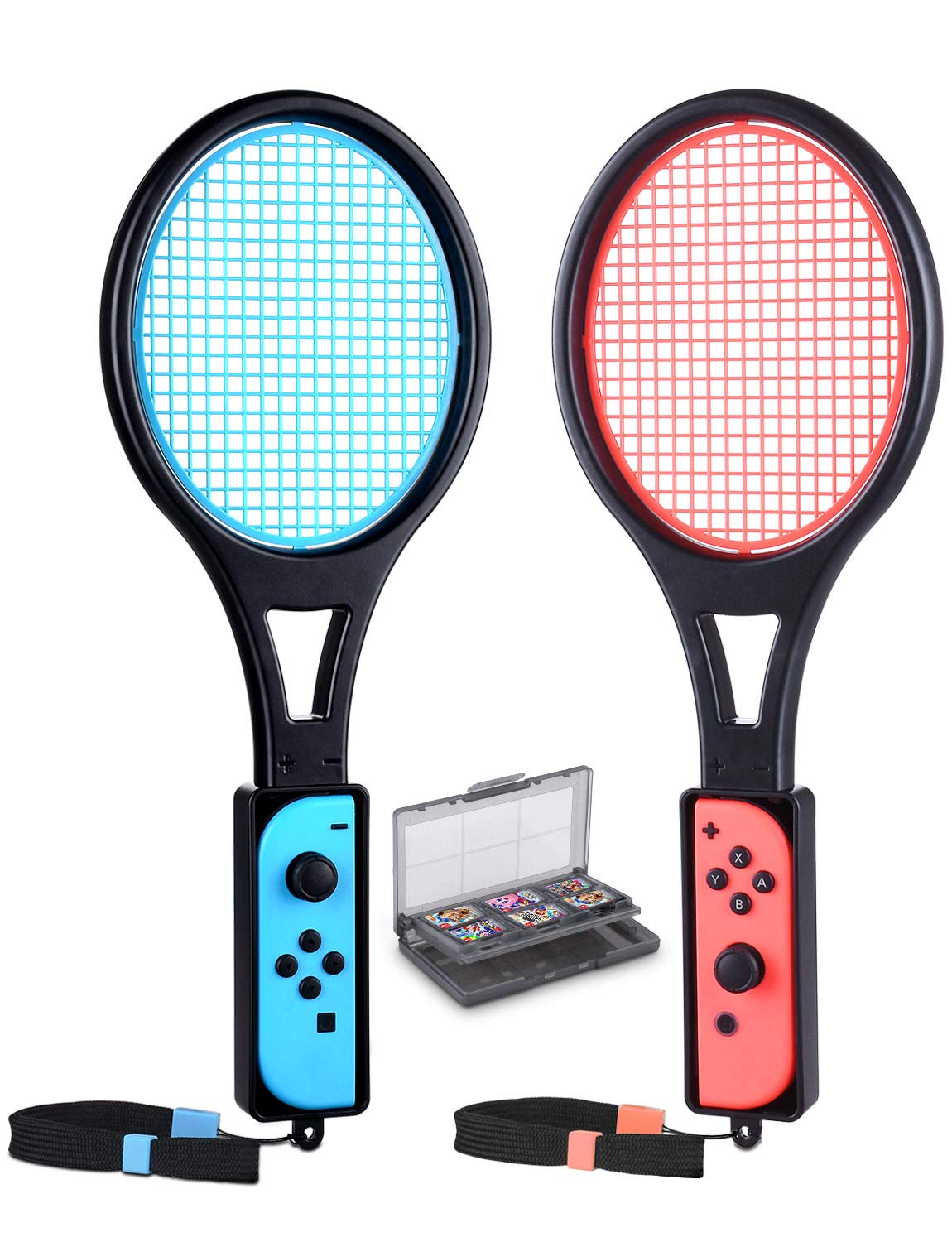 Tendak 2-Pack Tennis Racket Controller for Nintendo Switch Joy-Con - Game Accessories Compatible with Mario Tennis Aces - Includes 12-in-1 Game Card Storage Case (Black) - Perfect for Multiplayer Gaming & Sports Simulation