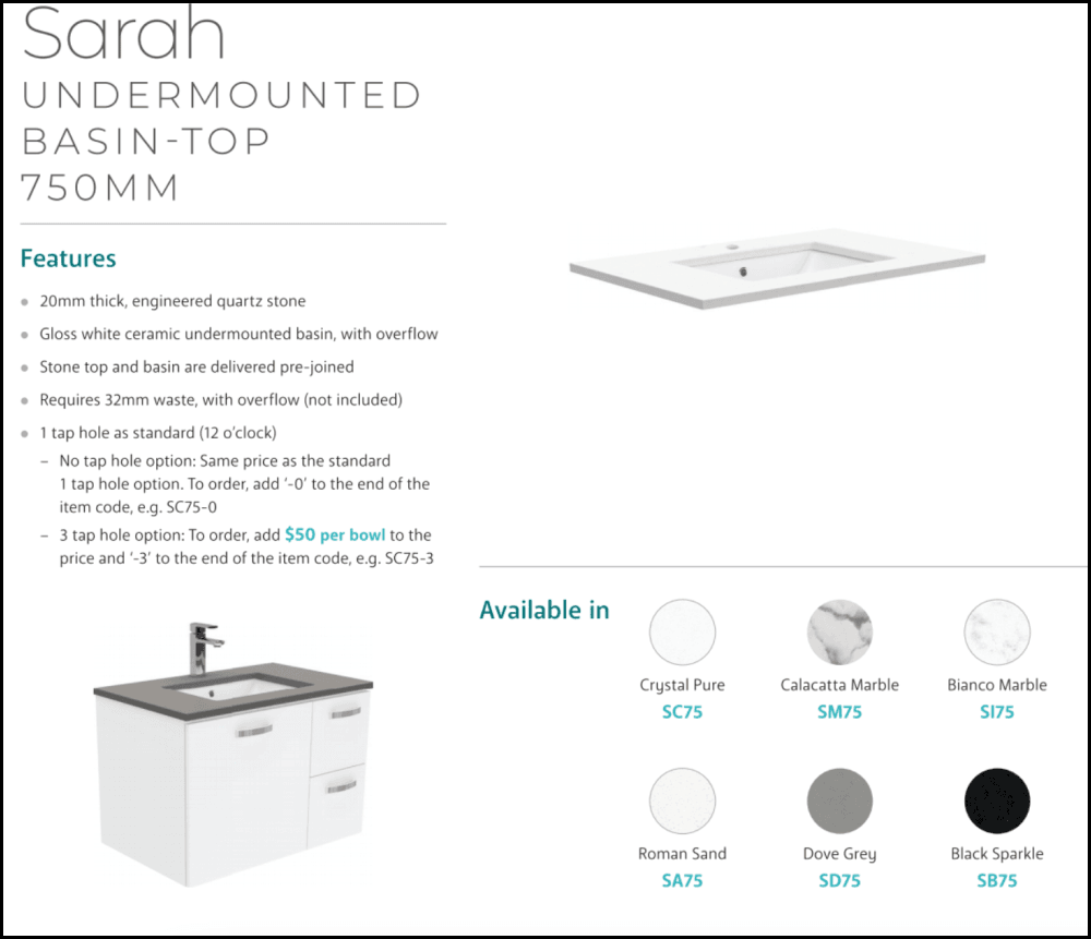Fienza Crystal Pure SC75SL 750mm Undermount Stone Top Bathroom Vanity with Scandi Oak Finish - Wall Mounted Left Drawer Storage for Modern Bathrooms | Perfect for Small Spaces & Contemporary Home Decor