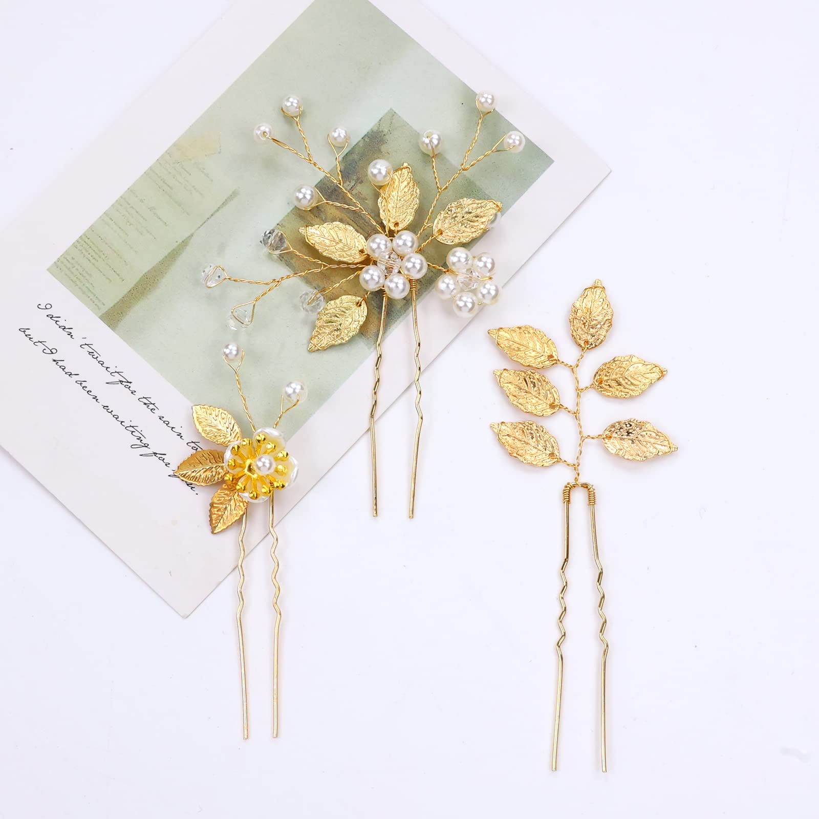 12 Pack Gold Hair Pins with Leaf Flower & Pearls - Elegant Bridal Hair Clips for Weddings, Prom, Parties - Perfect for Brides, Bridesmaids & Flower Girls