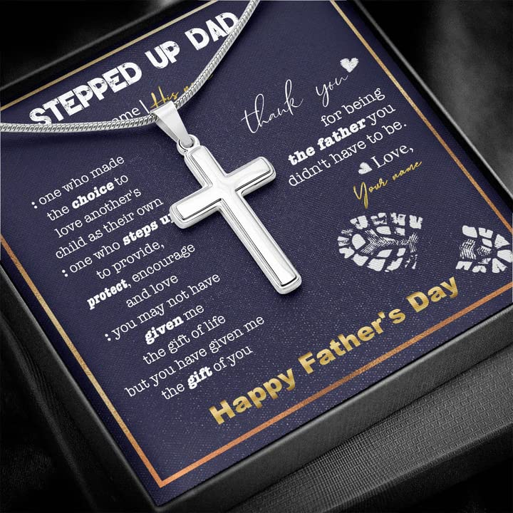Custom Engraved Cross Necklace for Stepdad - Thoughtful Gift for Father's Day, Birthday & Bonus Dad Appreciation - Personalized Message Card Included - Perfect Gift from Son, Daughter, Stepson or Stepdaughter - Ideal for Special Occasions & Daily Wear