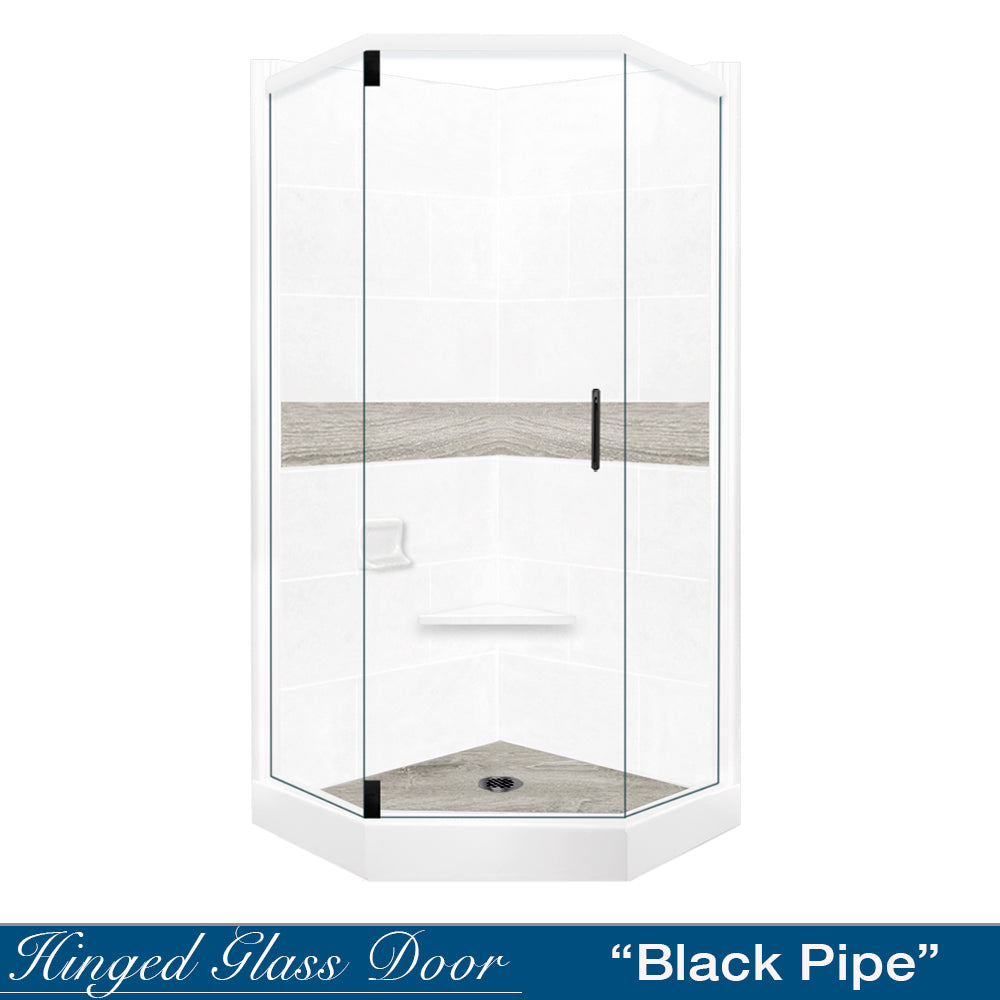 DIY Shower Remodel Kit - Neo Angle Natural Buff Sistine Stone & Sterling Oak Wood Accent | Waterproof Bathroom Upgrade for Modern Homes | Perfect for Bathroom Renovation & Luxury Spa Experience