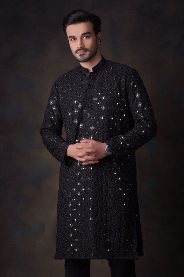 Jet Black Mirror Resham Zardozi Kurta Pyjama Set - Traditional Indian Embroidered Ethnic Wear for Men, Wedding & Festival Outfit