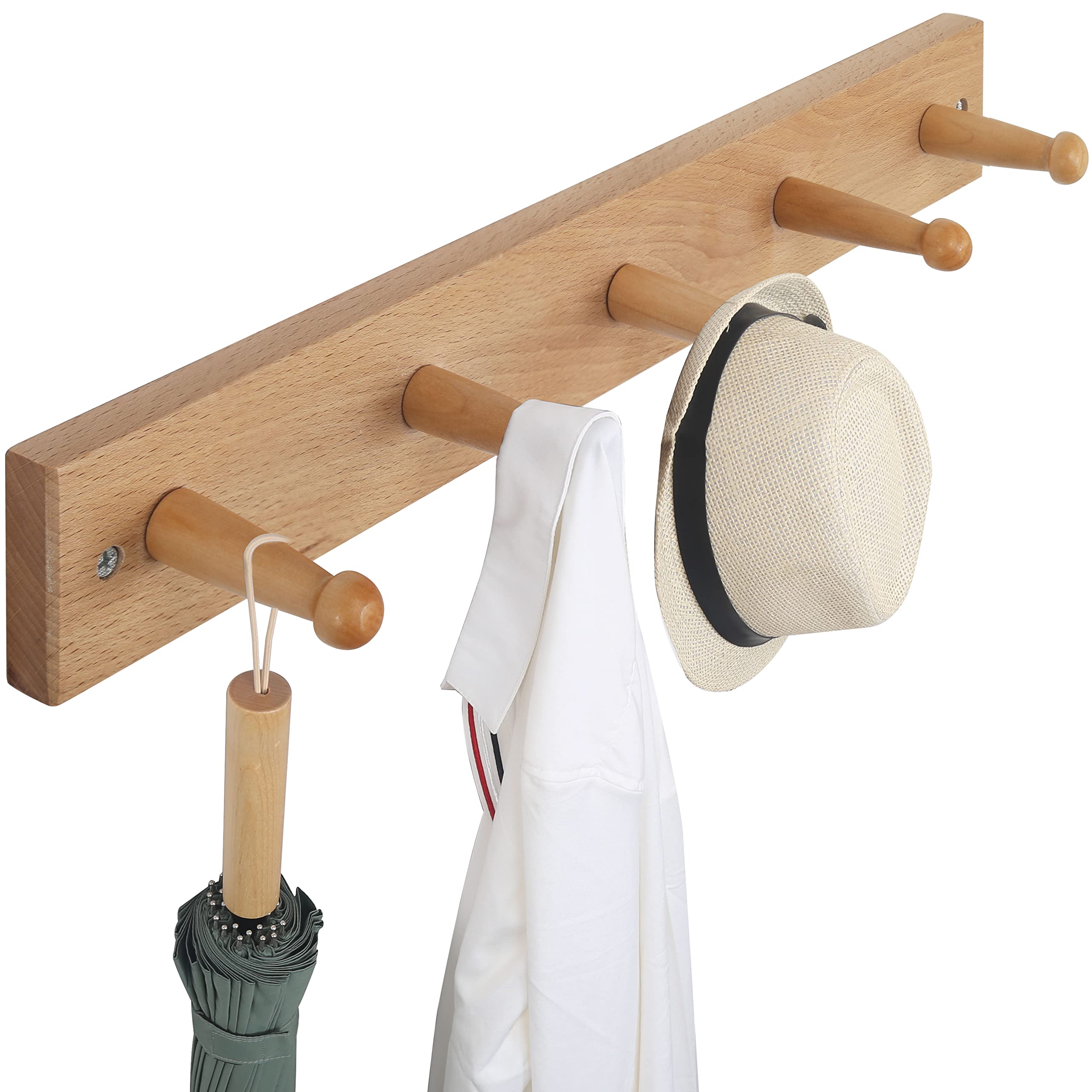 Wood Wall Coat Rack with 5 Hooks - Hanging Coats, Jackets & Hats for Home & Office
