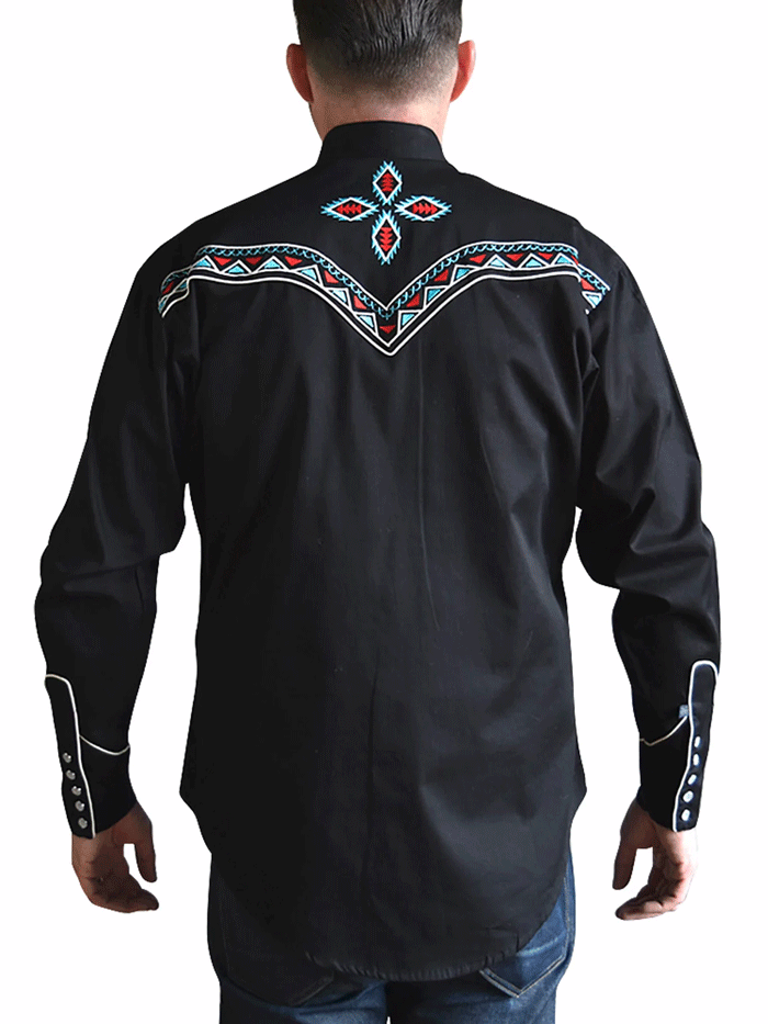 Rockmount 6860 Men's Western Shirt with Native American Embroidery - Black Plaid Cowboy Shirt for Rodeo, Country Music Festivals & Western Style Outfits