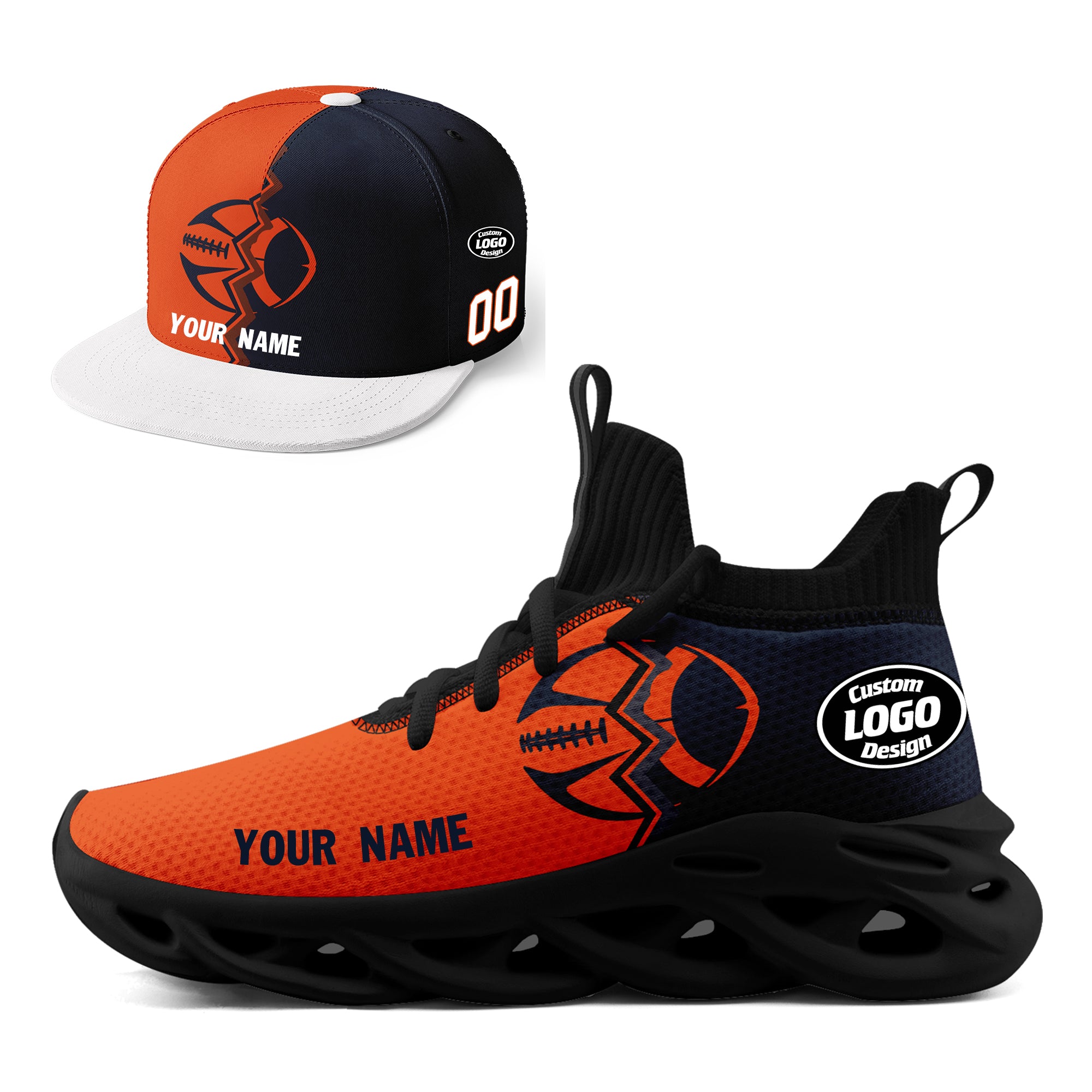 Custom Deep Blue & Orange Illinois MaxSoul Shoes and Hat Set - Personalized Sports Fan Combo D028017 - Perfect for Game Days, Tailgating, and Showing Team Spirit
