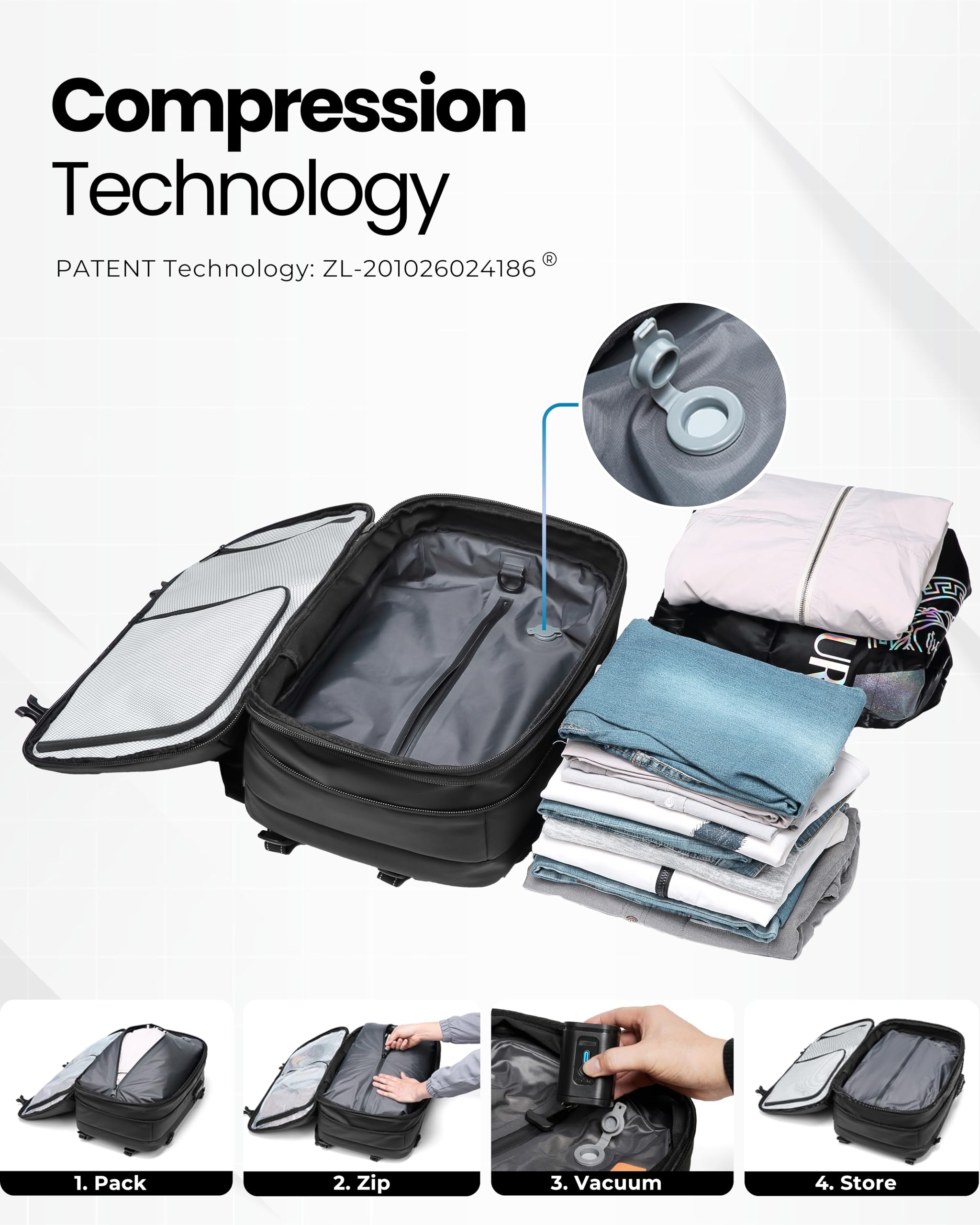 AirVault Airback Vacuum Seal Compression Travel Backpack with Electric Pump & USB Charging Port - Expandable 60L Carry-On for 19