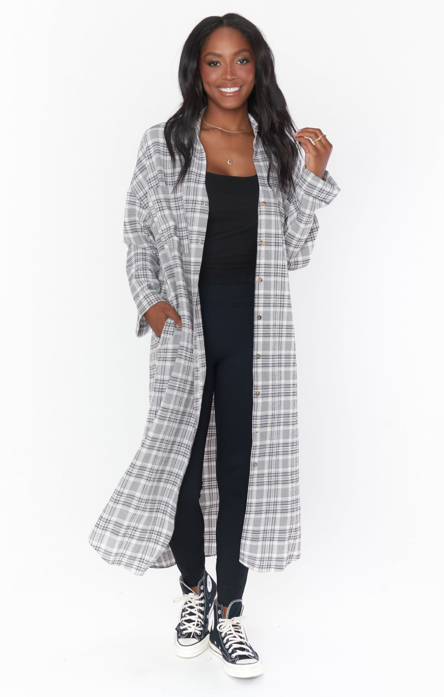 Stylish Leo Button Down Tunic in Classic Windowpane Plaid - Perfect for Casual Outfits, Office Wear & Layered Looks