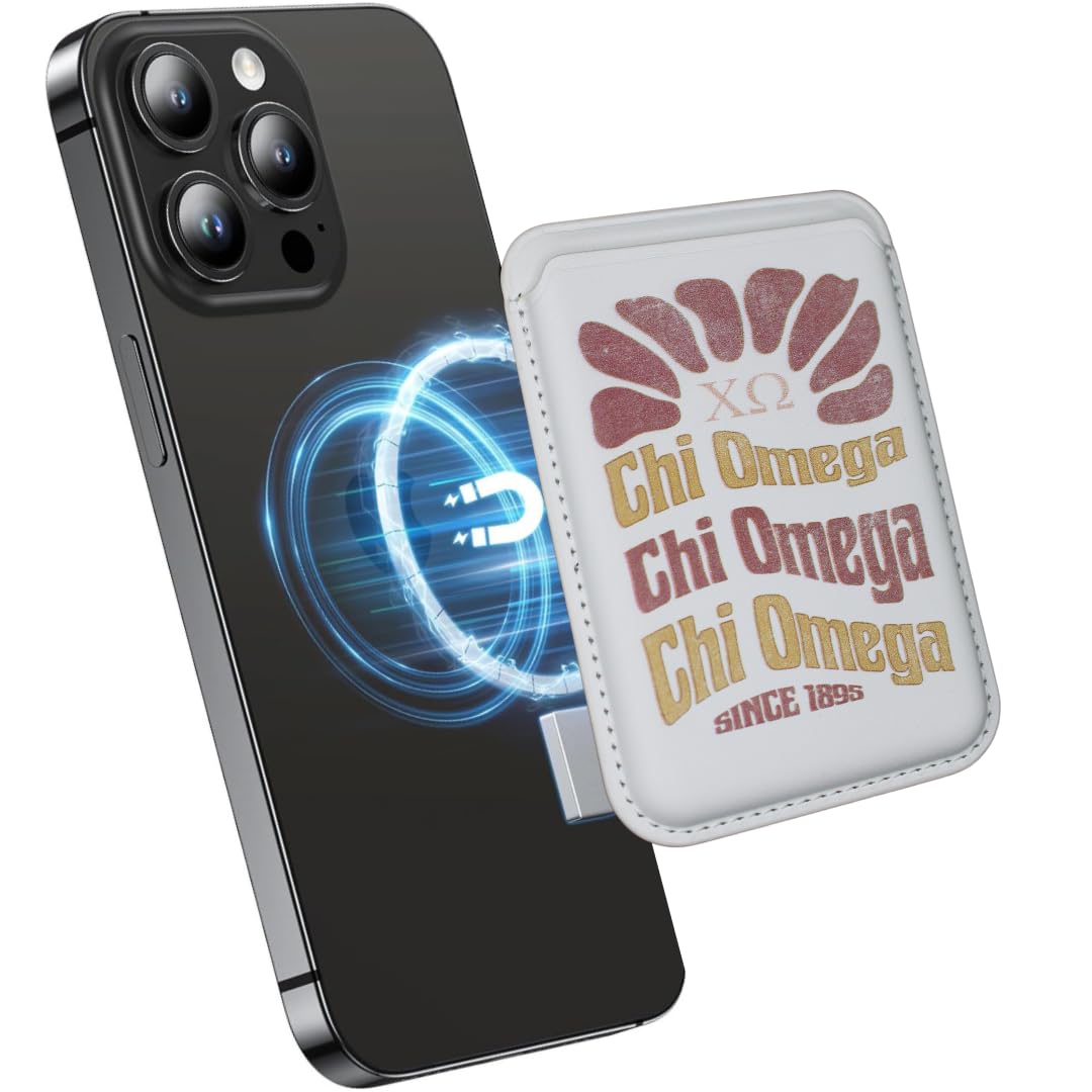 Official Chi Omega Sorority Magnetic Card Holder for iPhone 15/14/13/12 - Slim RFID Blocking Wallet with 3 Card Capacity (White) - Perfect for Sorority Sisters, Campus Life & Everyday Use