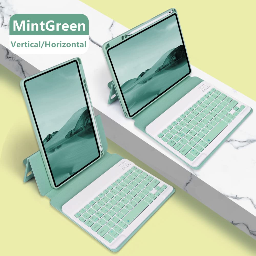 Wireless Bluetooth Keyboard & Mouse Combo for iPad 9th/8th/7th Gen, iPad Air 3rd Gen, iPad Pro 10.5 - Magnetic Detachable Back Cover with Pencil Holder & Transparent Case (Mint Green) | Perfect for Office Work, Online Classes & Travel Use
