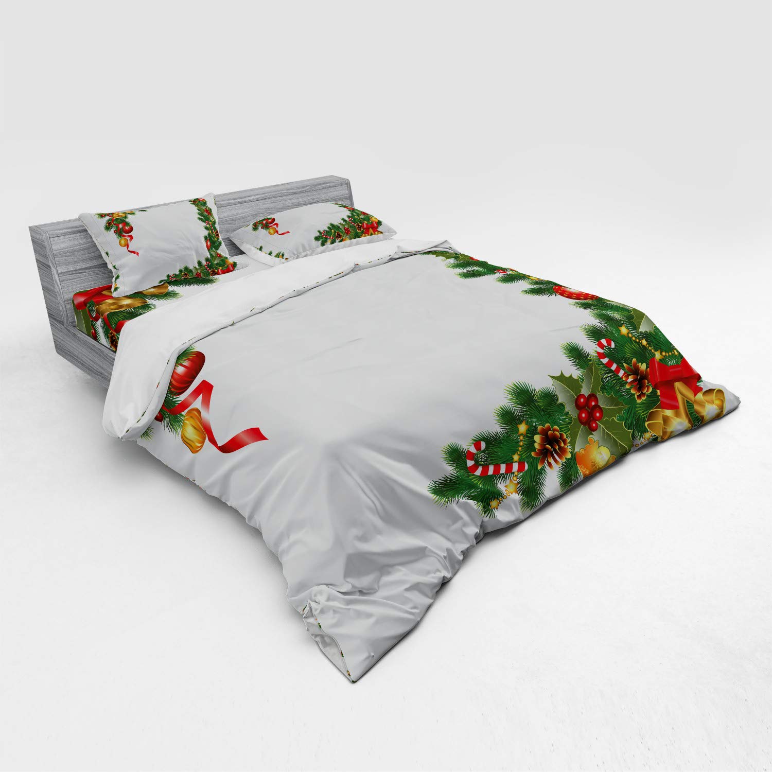 Ambesonne Christmas Duvet Cover Set - 4 Piece King Size Bedding with Fir Tree Branches & Ornamental Elements, Includes Shams & Fitted Sheet - Holiday Home Decor for Bedroom, Guest Room & Christmas Themed Parties