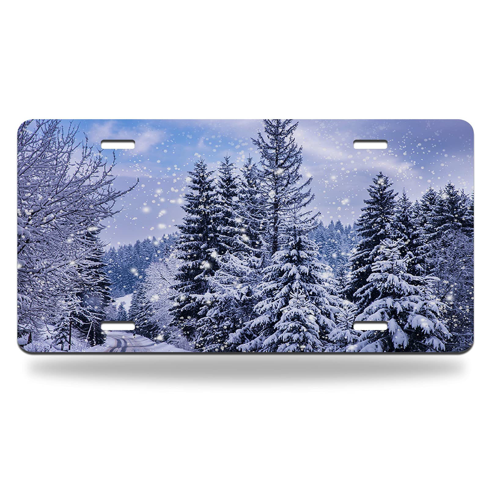 WONDERTIFY Winter Landscape Snowy Pine Trees Mountain Road Christmas Novelty Vanity Decorative Metal Car License Plate - 12