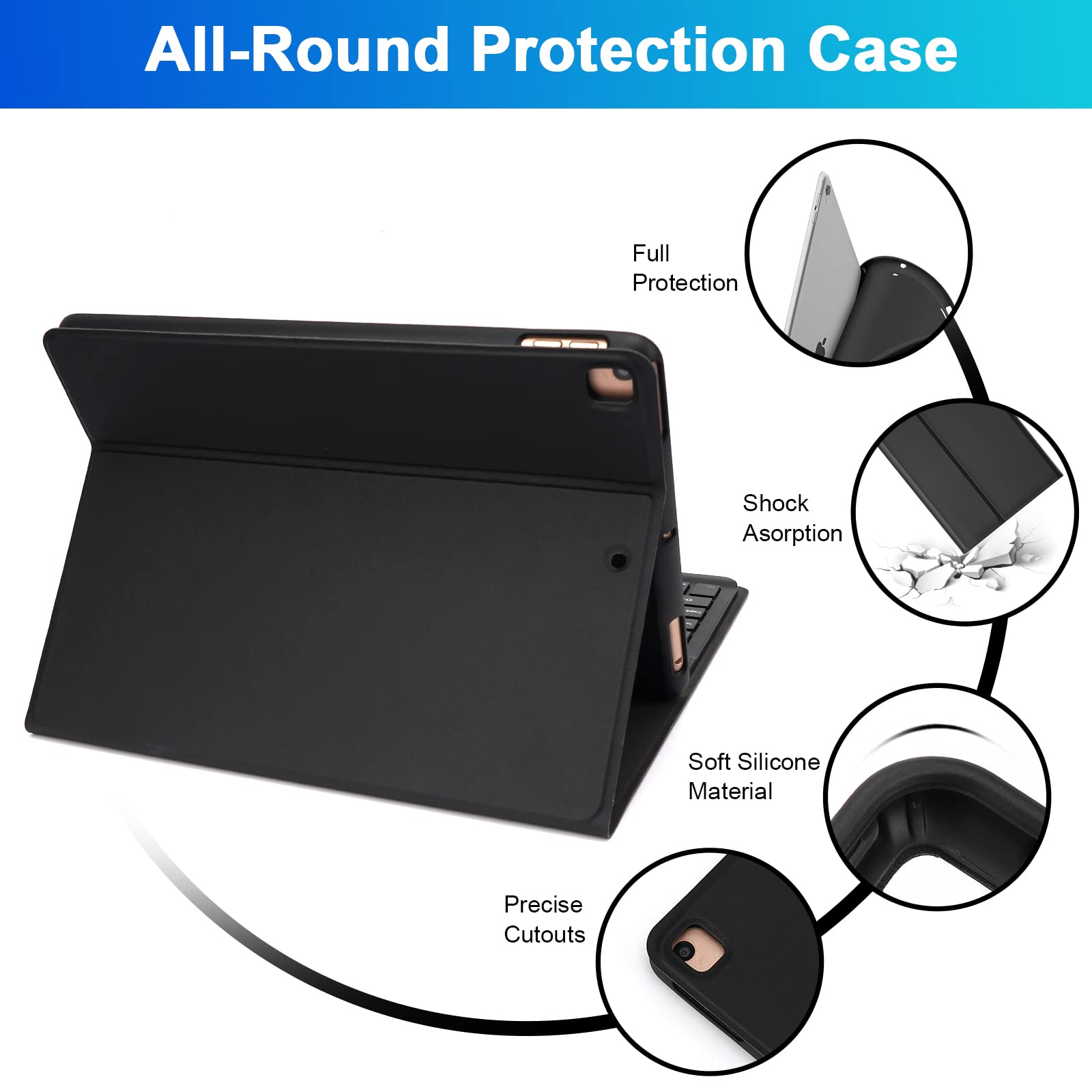 Wireless Keyboard Case for iPad 10.2/10.5 inch (9th/8th/7th Gen, Air 3, Pro 2017) with Pencil Holder - Slim Protective Cover for Typing, Work & Study - Perfect for Office, School & Travel Use