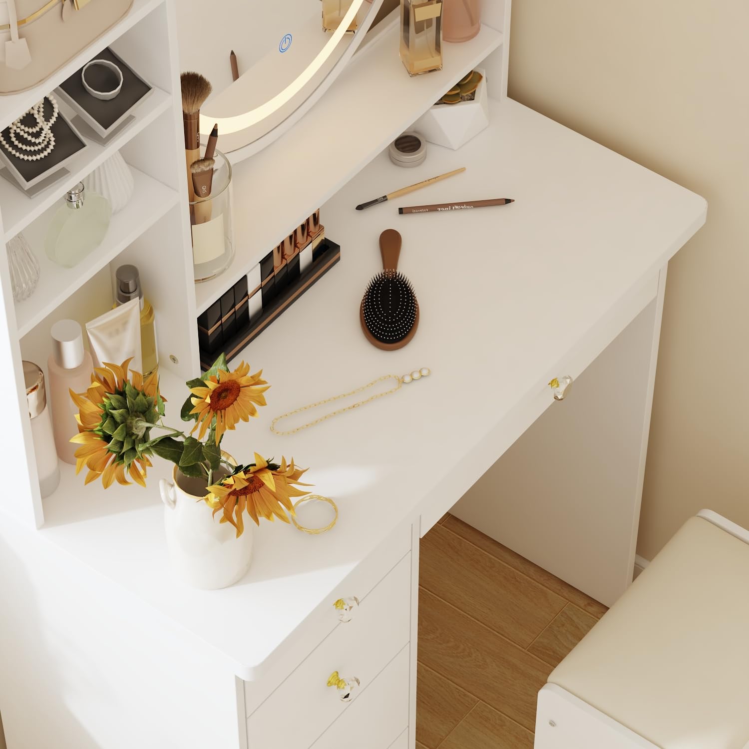 Hitow White Vanity Desk Set with LED Lighted Mirror, 5 Drawers & Shelf - Makeup Dressing Table with Touch Screen Lights & Jewelry Organizer for Bedroom, Home Decor & Beauty Routine