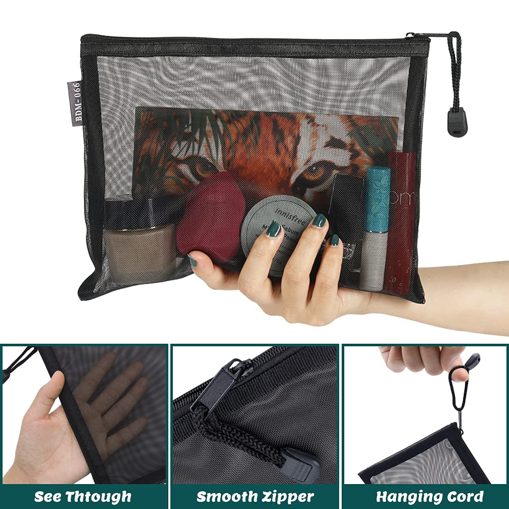 GINOYA 6 Pack Black Mesh Toiletry Bags - Waterproof Nylon Cosmetic Organizer Pouches with Zipper for Travel, Gym, Makeup, Diaper & Office Essentials | Perfect for Home, Vacation & Daily Use