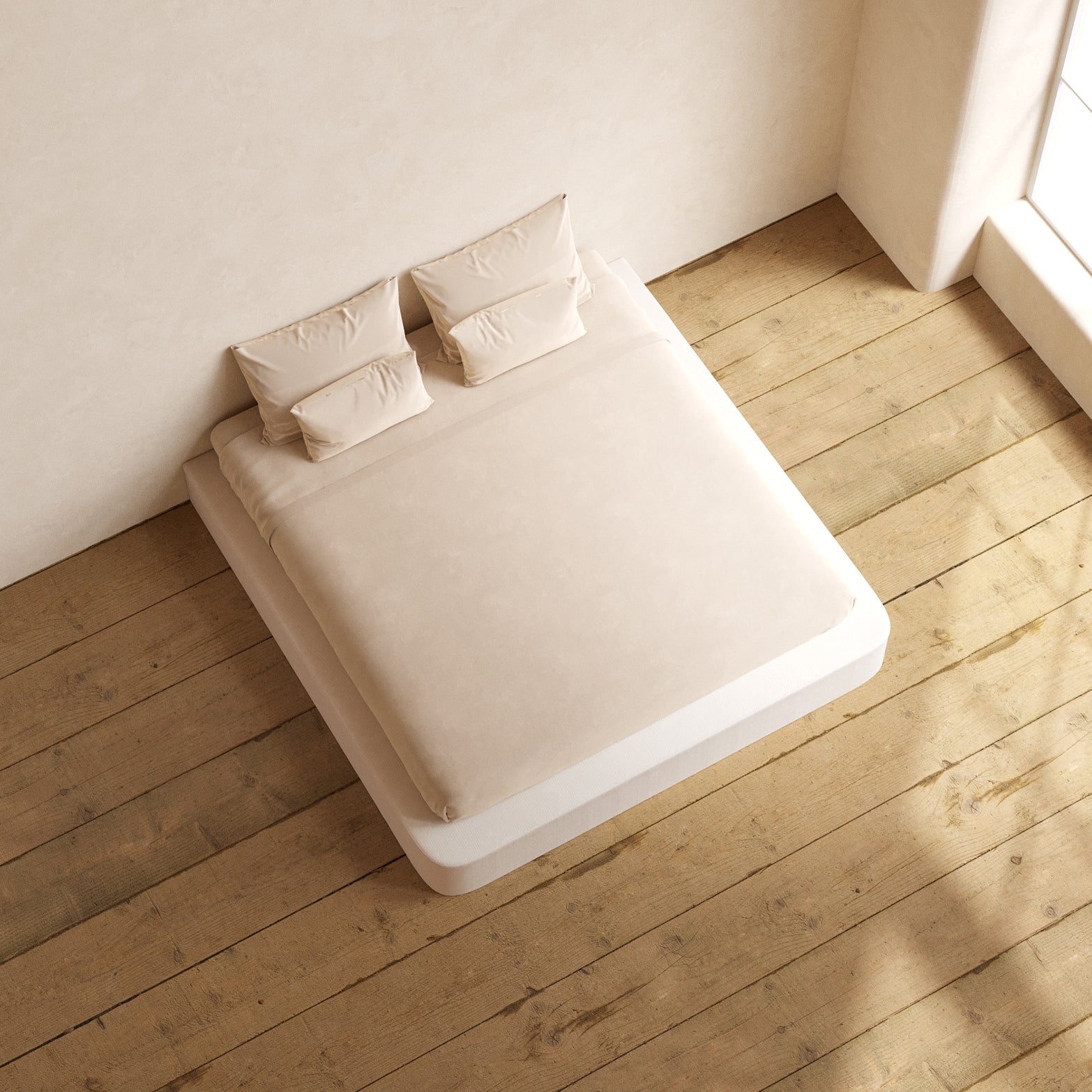 King Upholstered Platform Bed Frame with Plush Weave Fabric in Eggshell White - Queen Size Bed for Master Bedroom, Guest Room & Modern Home Decor