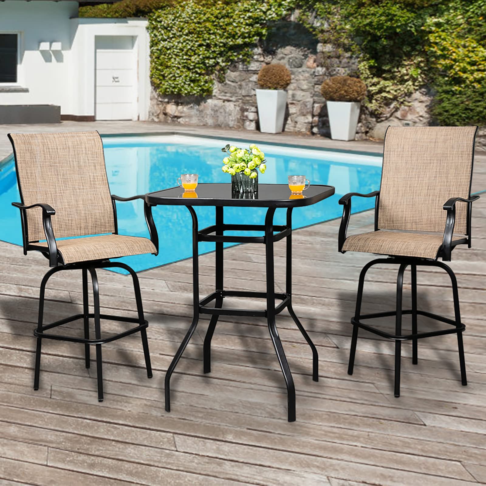 **Outdoor Bar Table - Heavy Duty Metal Frame with Tempered Glass Top - All-Weather Patio Bistro Table - Black - Easy Assembly for Backyard, Garden, or Poolside Dining**