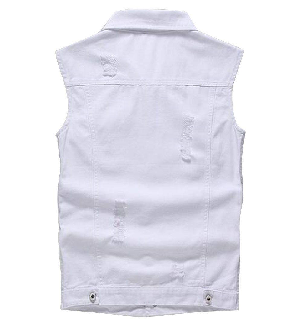 Faith Men's White Distressed Denim Vest - Sleeveless Jacket with Ripped Holes (Medium) - Perfect for Casual Outfits, Summer Streetwear & Layering Looks