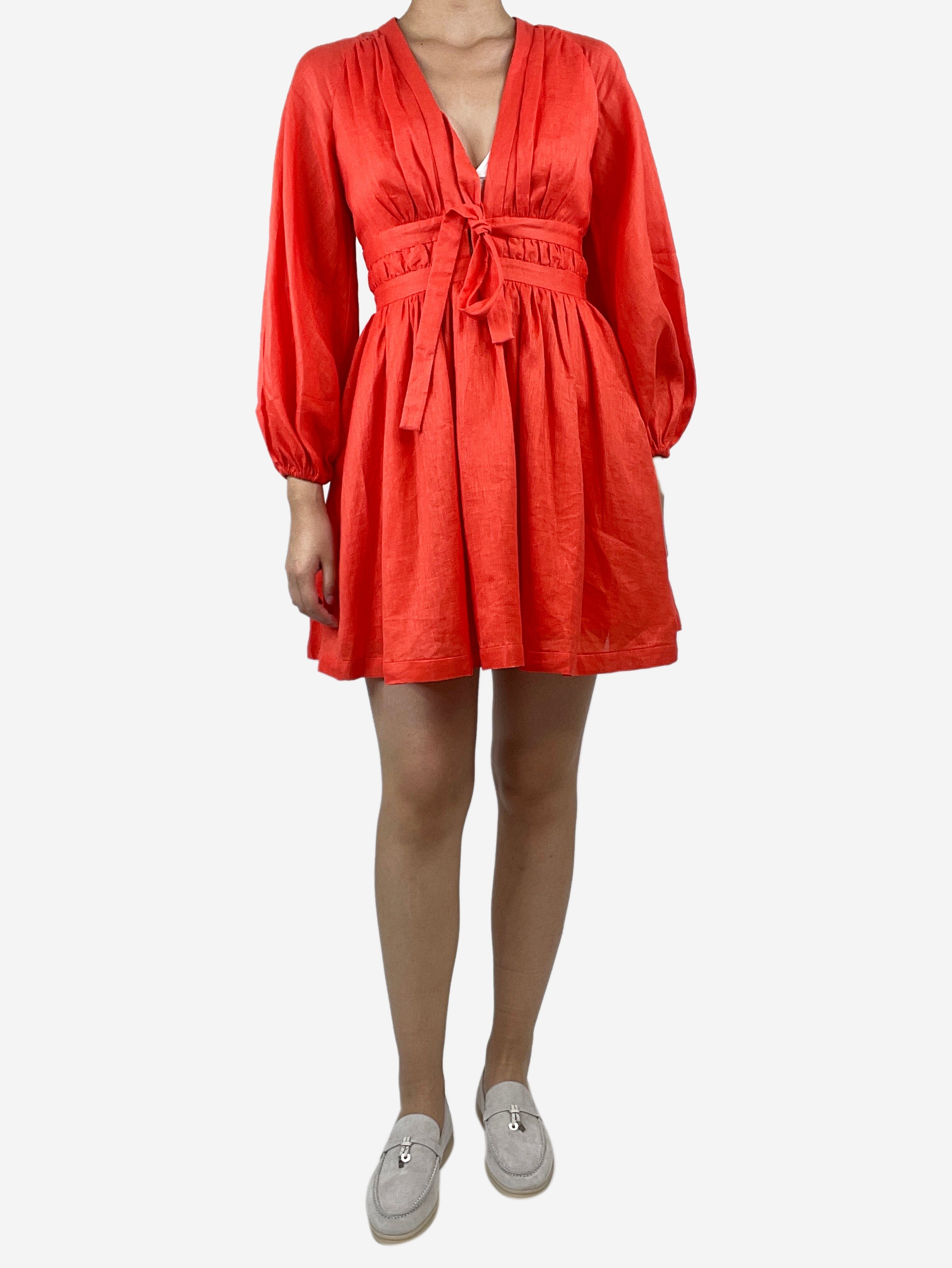 Coral Linen Tie Front Mini Dress - Size UK 10 | Summer Beach Cover Up, Vacation Outfit, Casual Boho Chic Dress