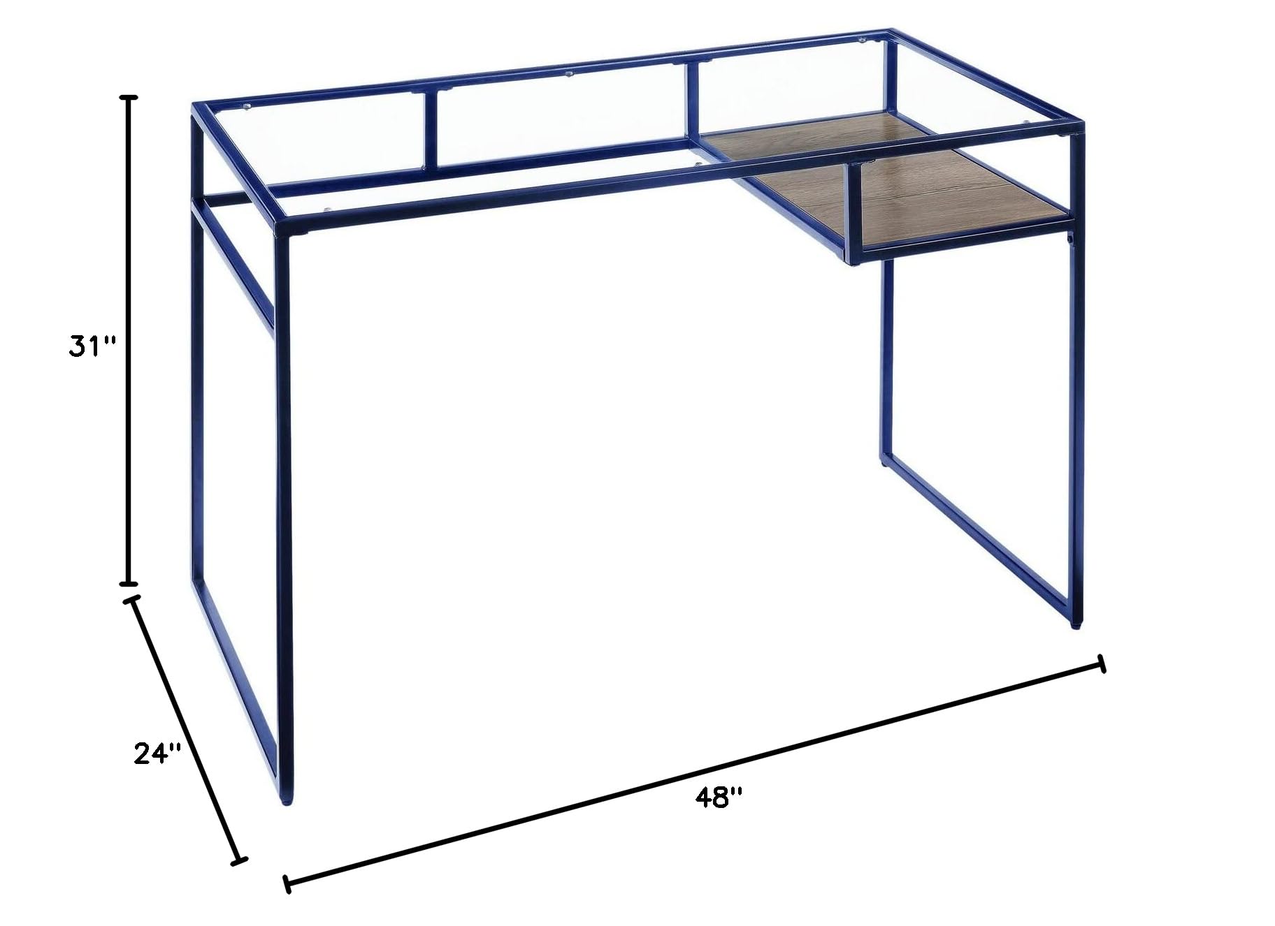 Benjara Modern Rectangular Glass Top Desk with Open Storage Compartment & Sturdy Sled Base - Blue Home Office Desk for Small Spaces & Contemporary Workspaces