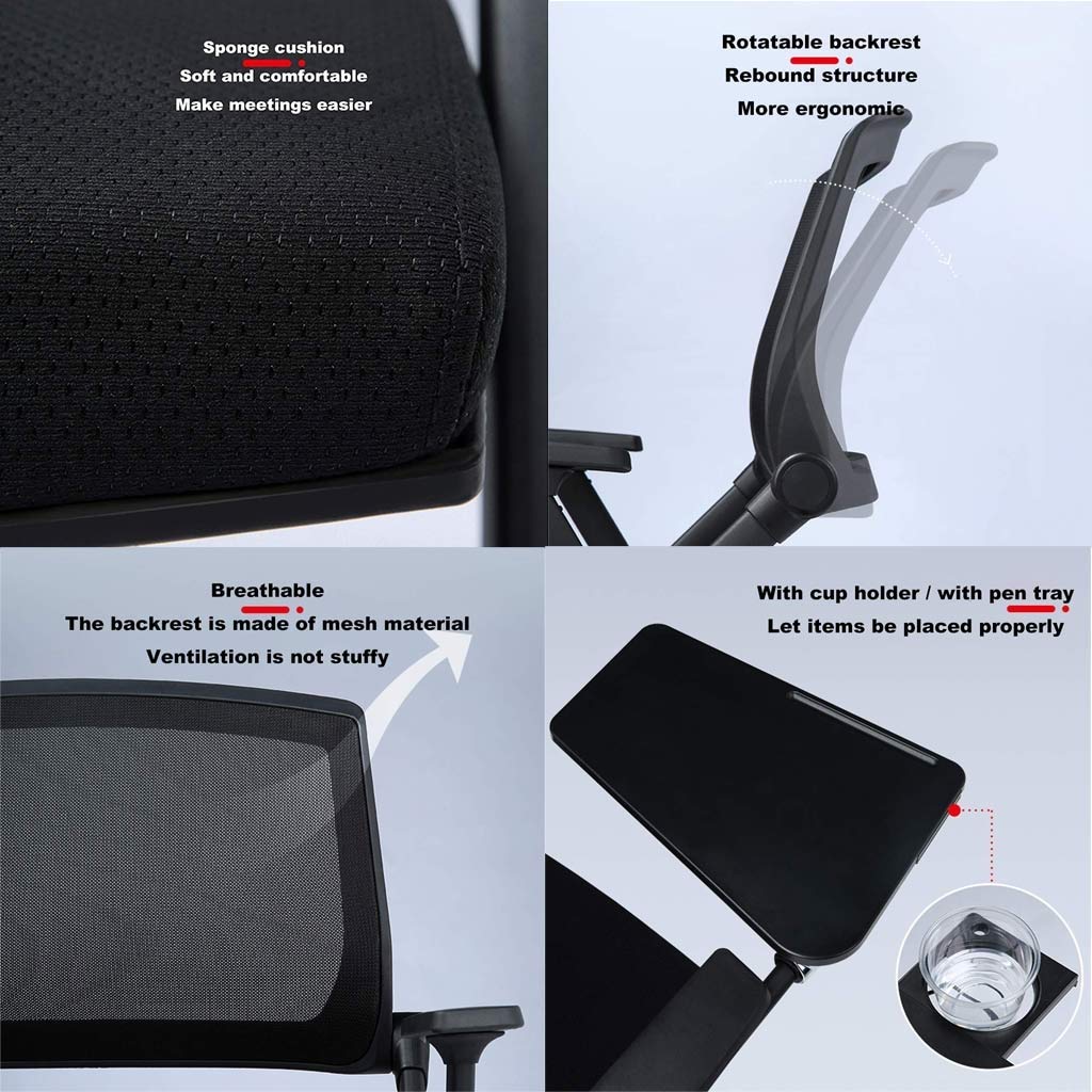 Ergonomic Adjustable Office Chair with Writing Board & Cup Holder - Foldable Conference Chair for Training, Meetings & Home Office - Thickened Padded Seat & Backrest (Black, 90x60cm) - Perfect for Workspaces, Classrooms & Small Spaces