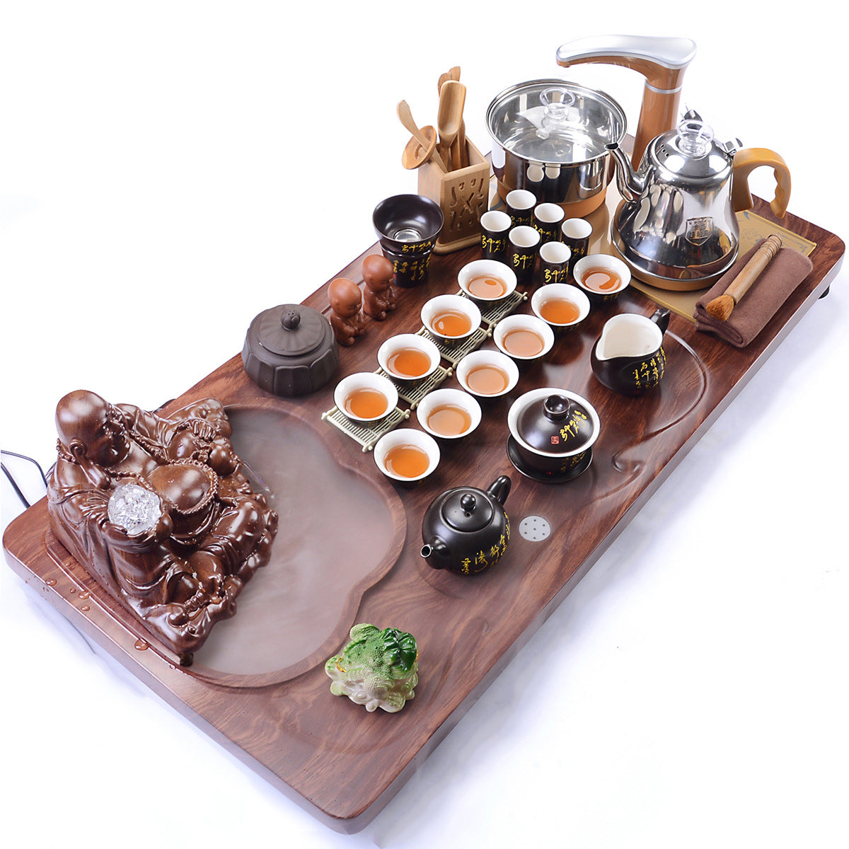 Premium Tang Peom Tea Set with Maitreya Buddha Tea Tray - Traditional Chinese Ceramic Tea Cups & Teapot Set for Meditation, Zen Decor, and Home Tea Ceremonies