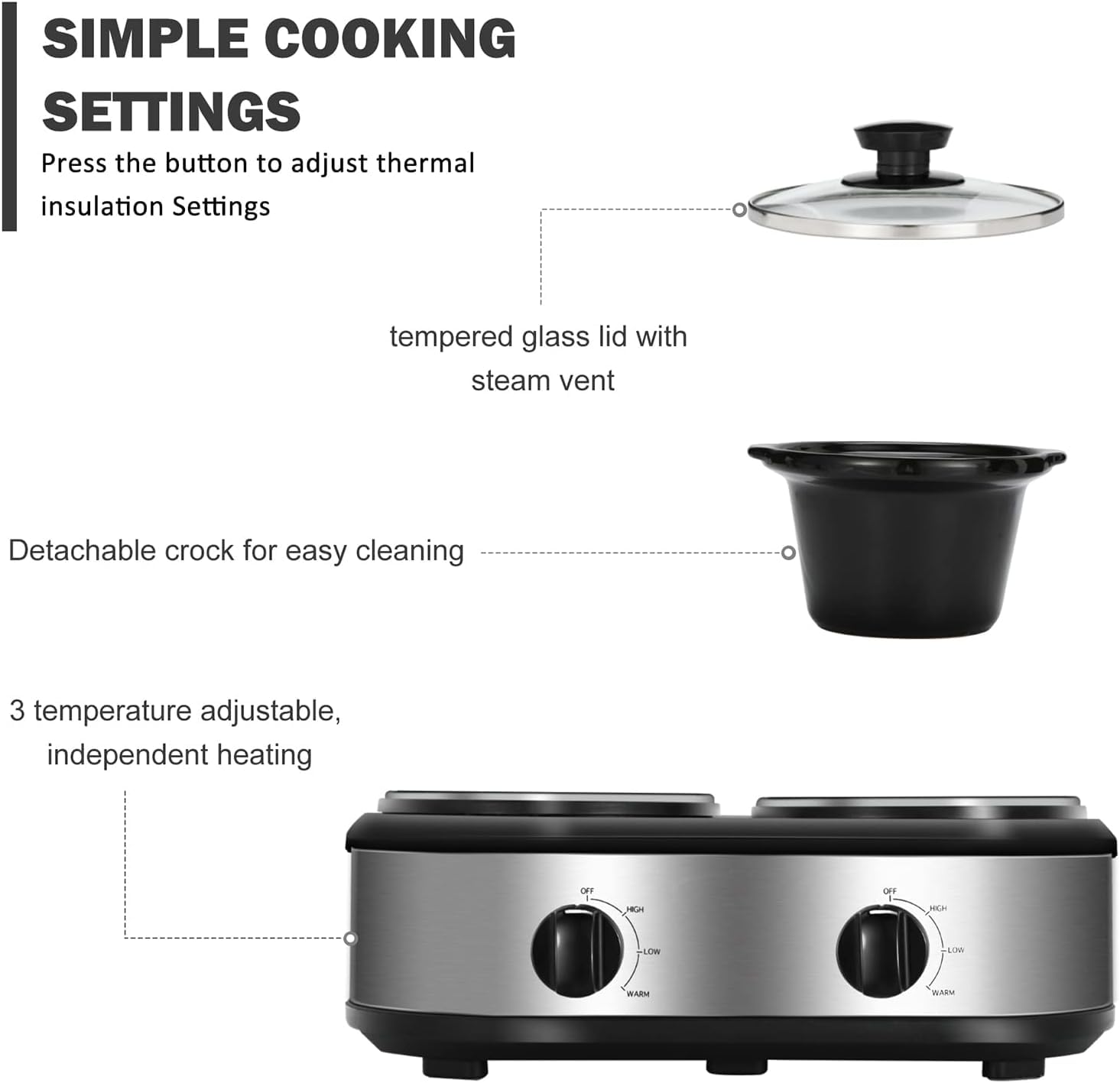 Dual Slow Cooker Buffet Server Food Warmer - 3 Temperature Settings, 1.5 QT Ceramic Pot & Removable Glass Lid - Dishwasher Safe Stainless Steel - Perfect for Parties, Catering & Family Gatherings