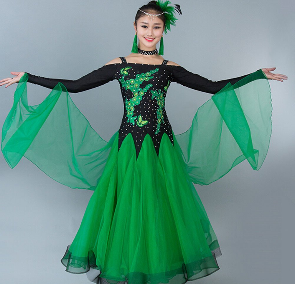 Elegant Women's Modern Waltz Tango Smooth Ballroom Dance Dress - Standard Competition Dress in Green (Size L) | Perfect for Ballroom Dancing, Latin Dance, Performances & Social Events