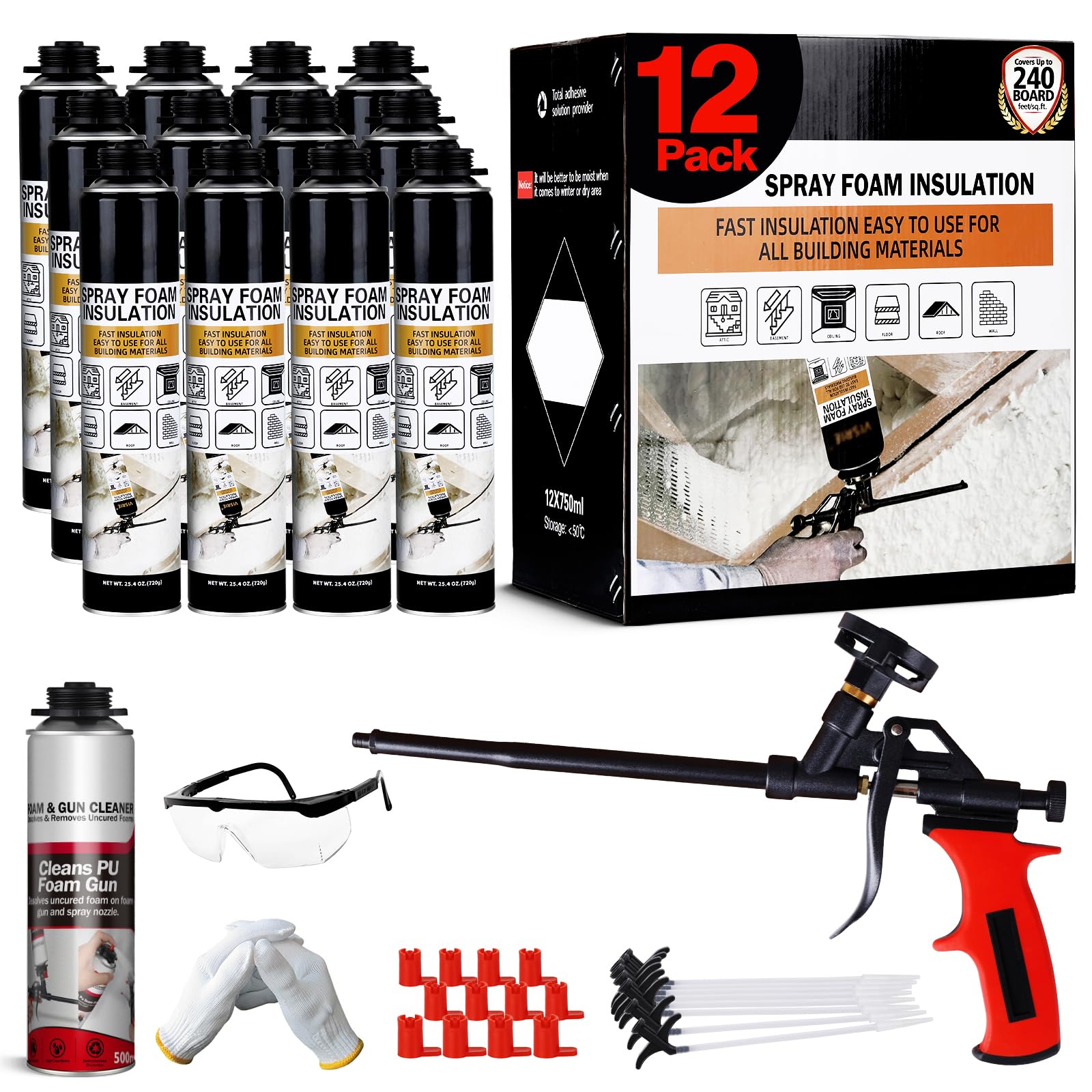 Closed Cell Spray Foam Insulation Kit - 25.4 oz Expanding Sealant for Walls & Attics | Covers 240 Board Feet | Includes Spray Gun & Cleaner (12 Pack) | Perfect for Home Insulation, Soundproofing & Air Sealing Projects