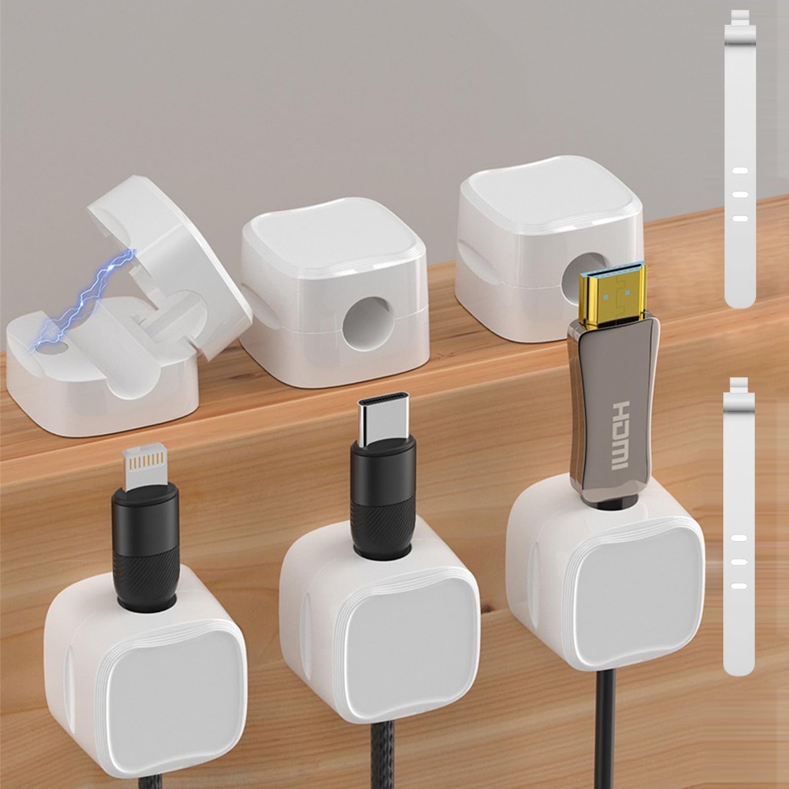 8-Pack Magnetic Cable Clips & Silicone Cable Ties - Adjustable Cord Organizer for Under Desk, Wall, Car & Nightstand - Adhesive Wire Holder for Home & Office Cable Management (Perfect for Organizing Chargers, Headphones & Computer Wires)